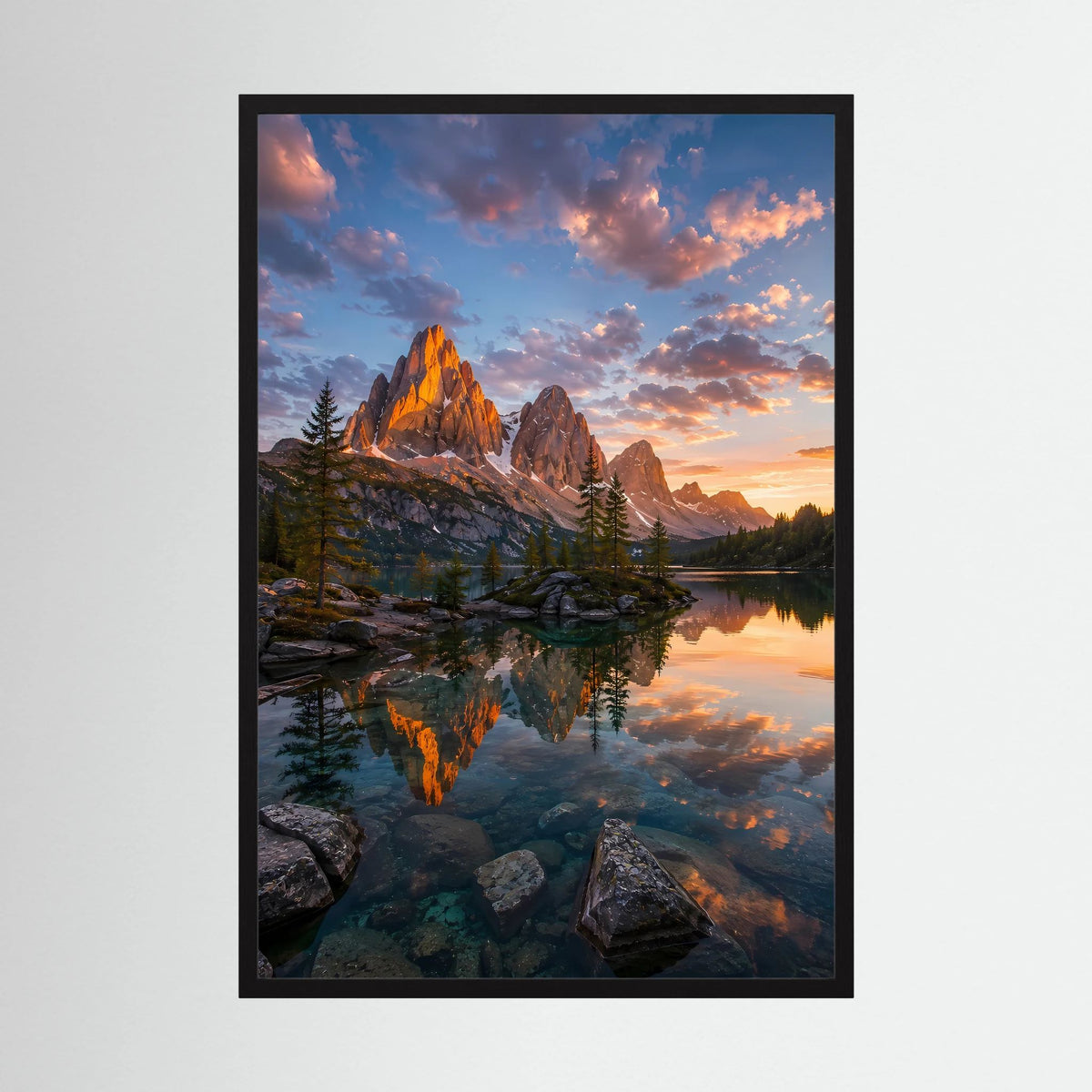 Bergsee im Sonnenuntergang | Leuchtende Berglandschaft mit Spiegelung | Poster Hochformat