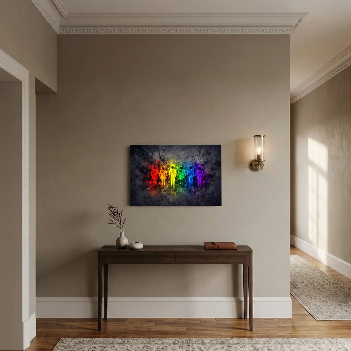 Querformatiges Wandbild mit Regenbogen-Menschen-Silhouetten, dunkler Hintergrund, schwarzer Rahmen