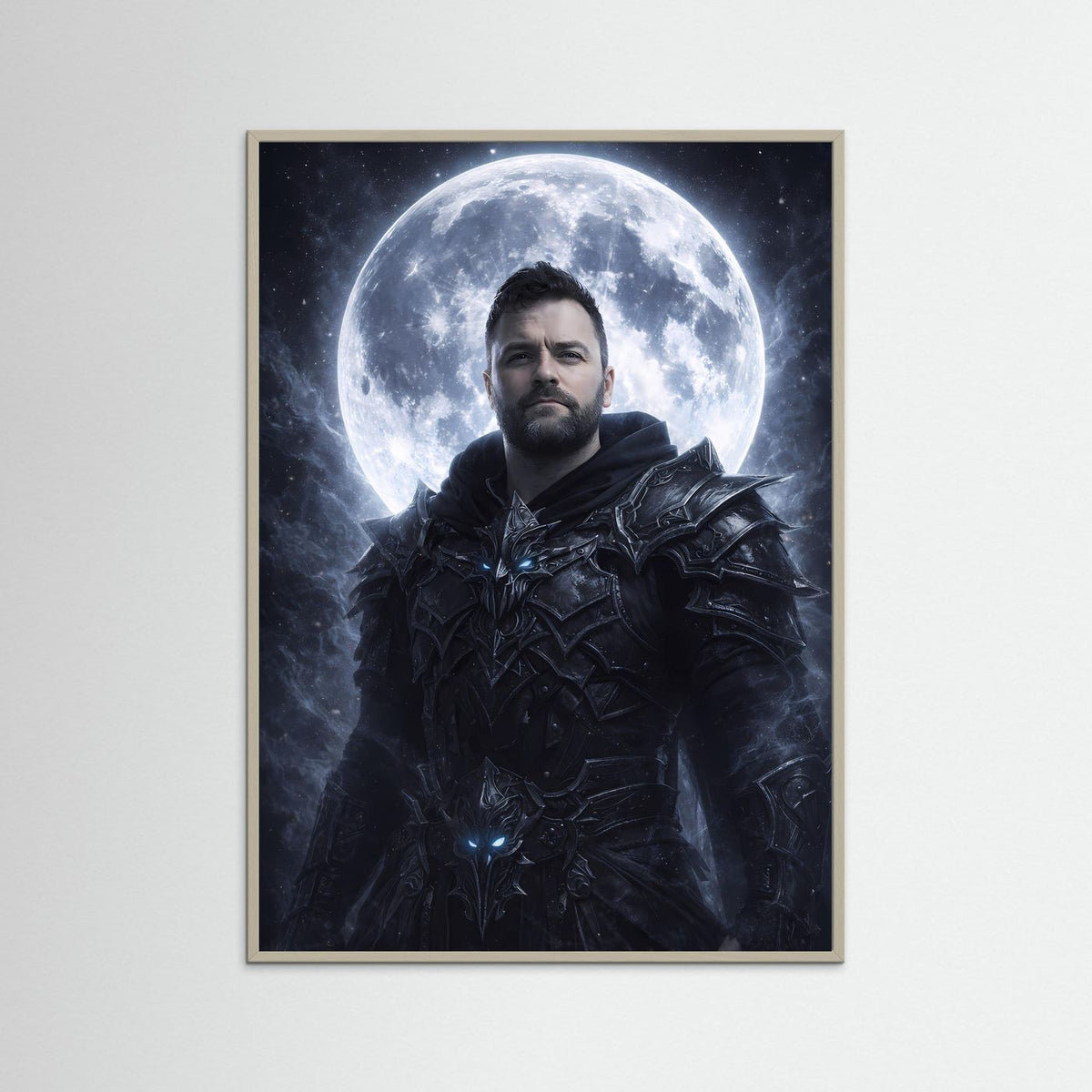 Fantasy-Poster im grauen Rahmen: dunkler Ritter in schwarzer Rüstung vor Vollmond