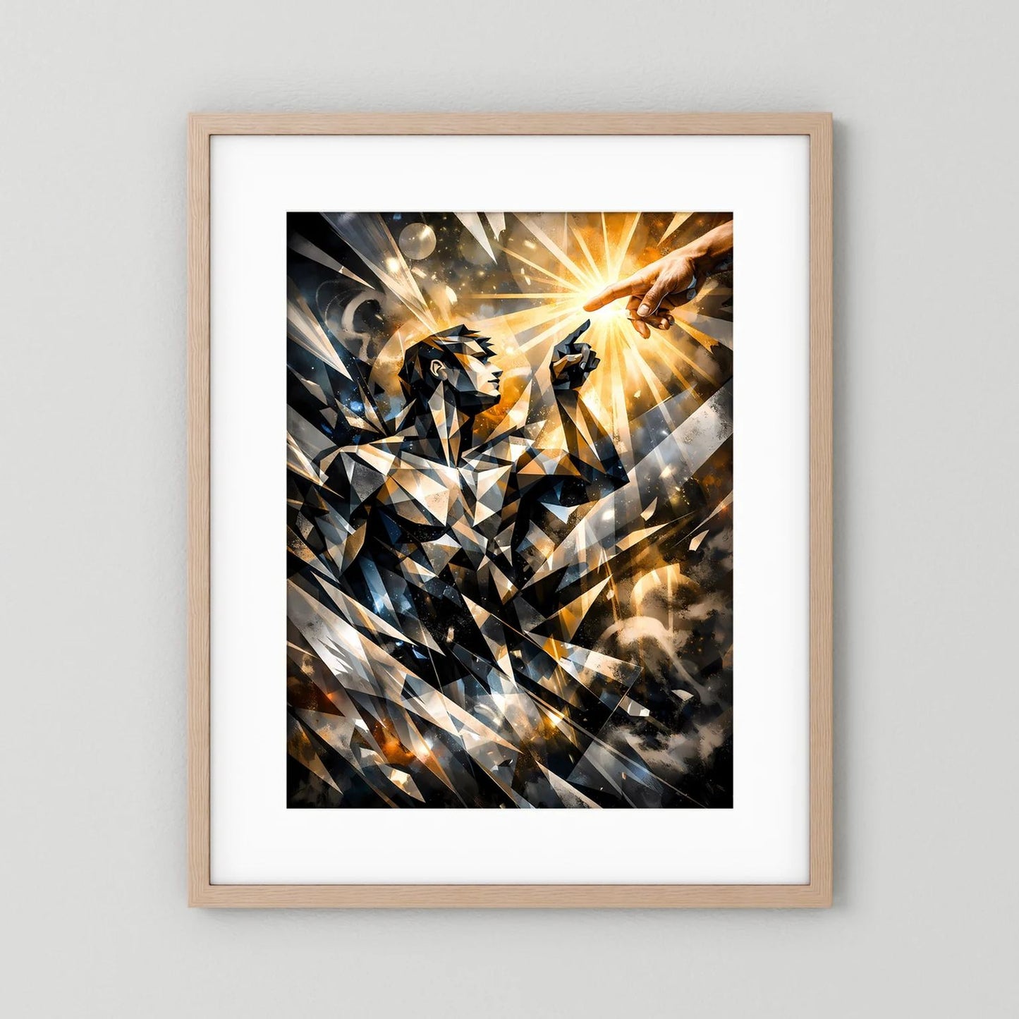 Abstraktes Hochformat-Wandposter im hellen Holzrahmen mit weißem Rand, Lichtstrahlen und Hände