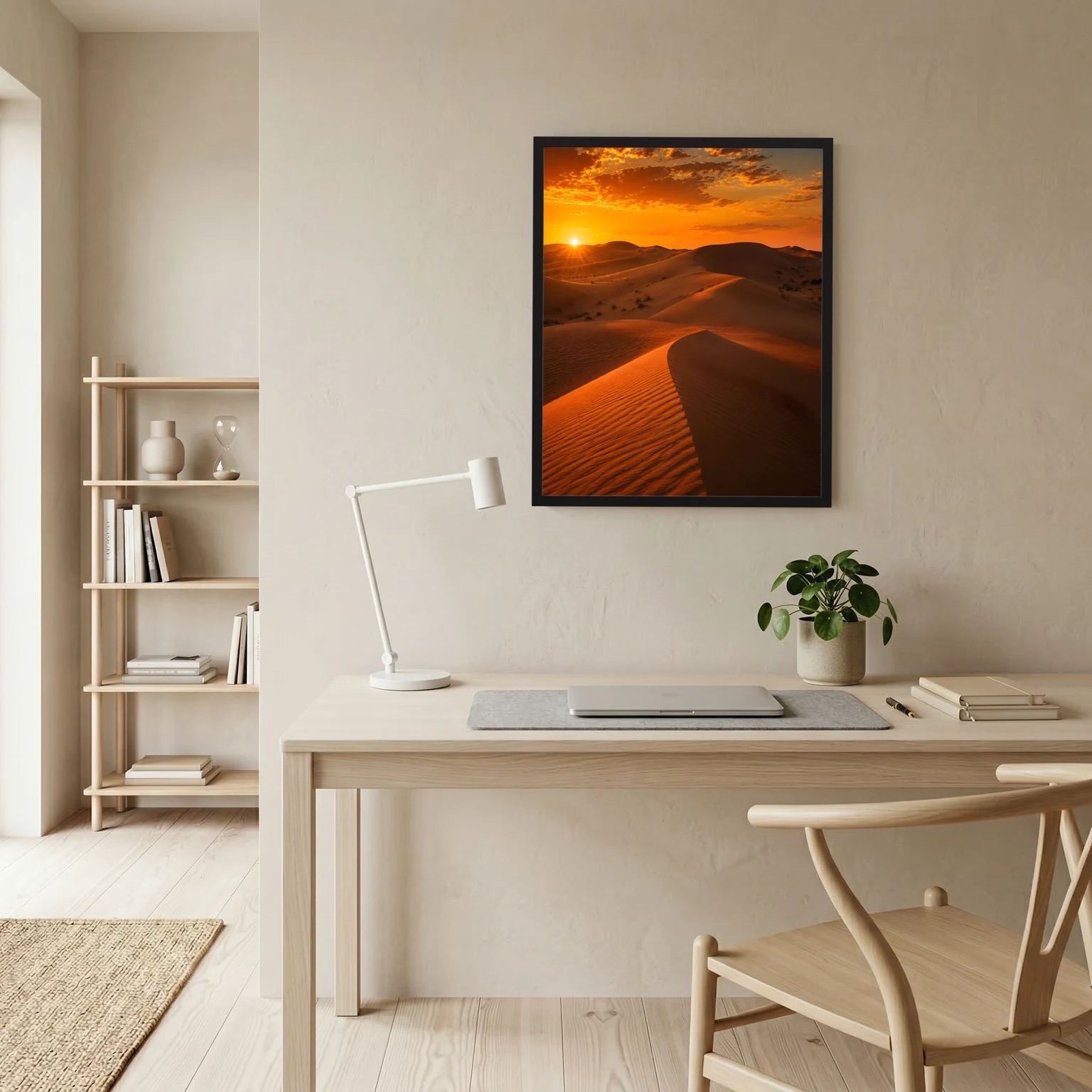 Gerahmtes Poster: Dünenlandschaft mit Abendsonne und langen Schattenspuren