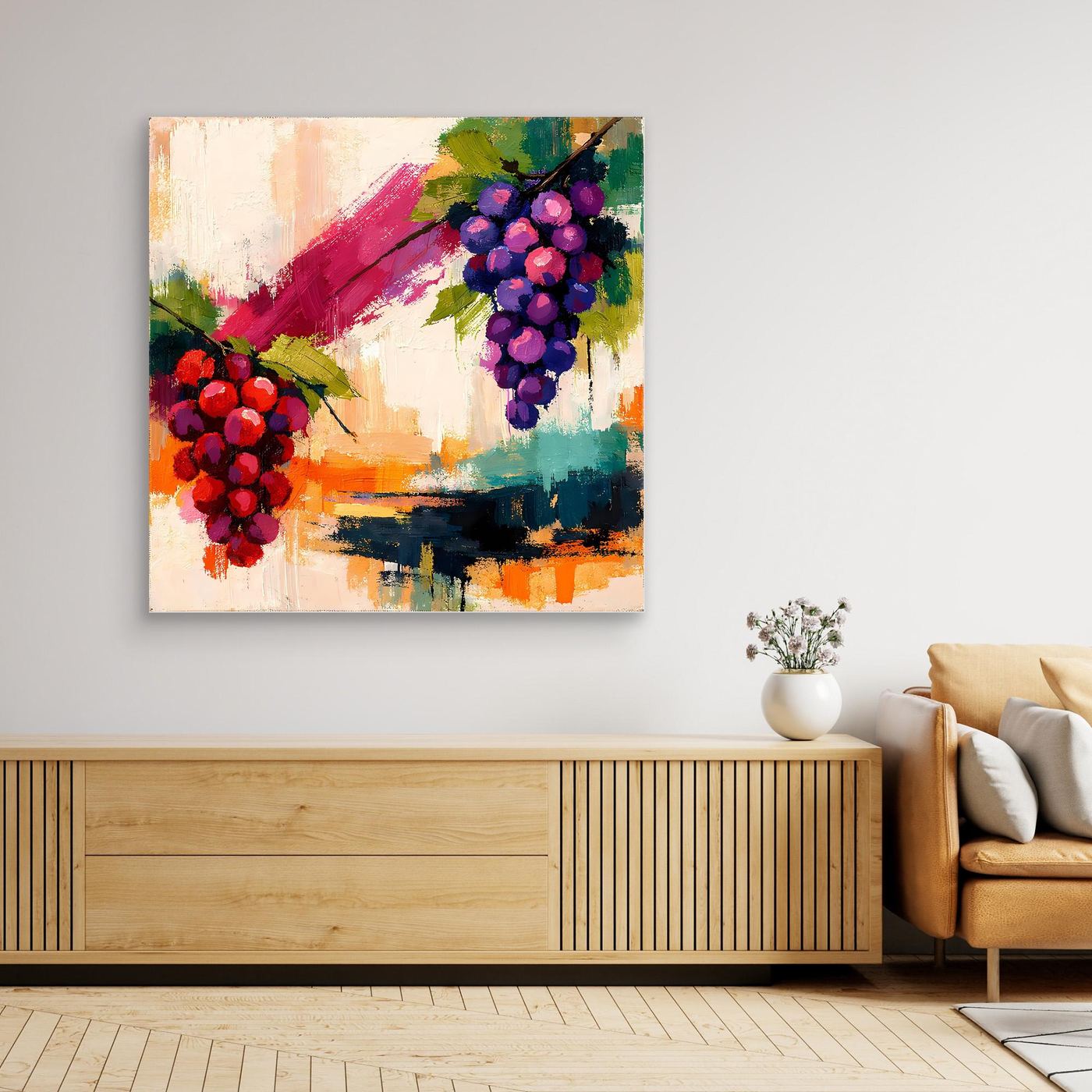 Close view of framed abstract grape still life wall art with red and purple grape clusters