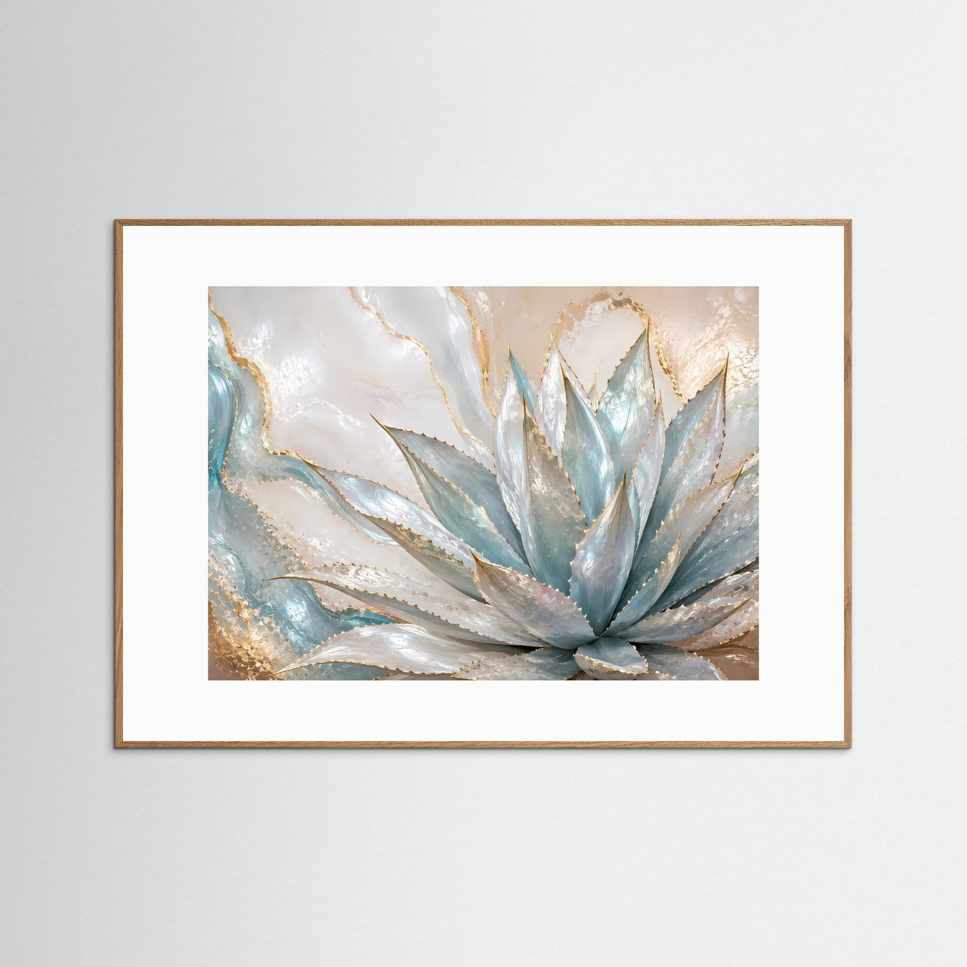 Poster mit abstrakter Agave in Blau, mit braunem Rahmen und weißem Passepartout