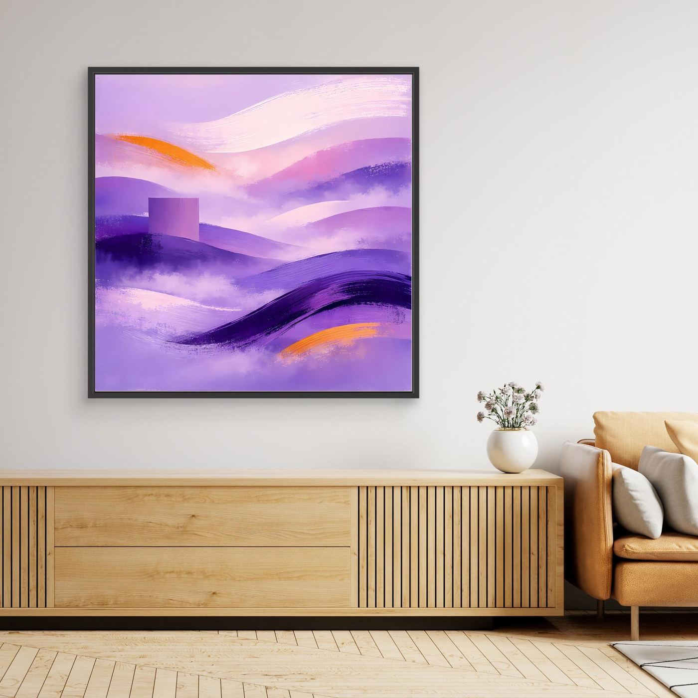 Abstraktes Leinwandbild mit violettem Bergland und gelben Akzenten, schwarzem Rahmen
