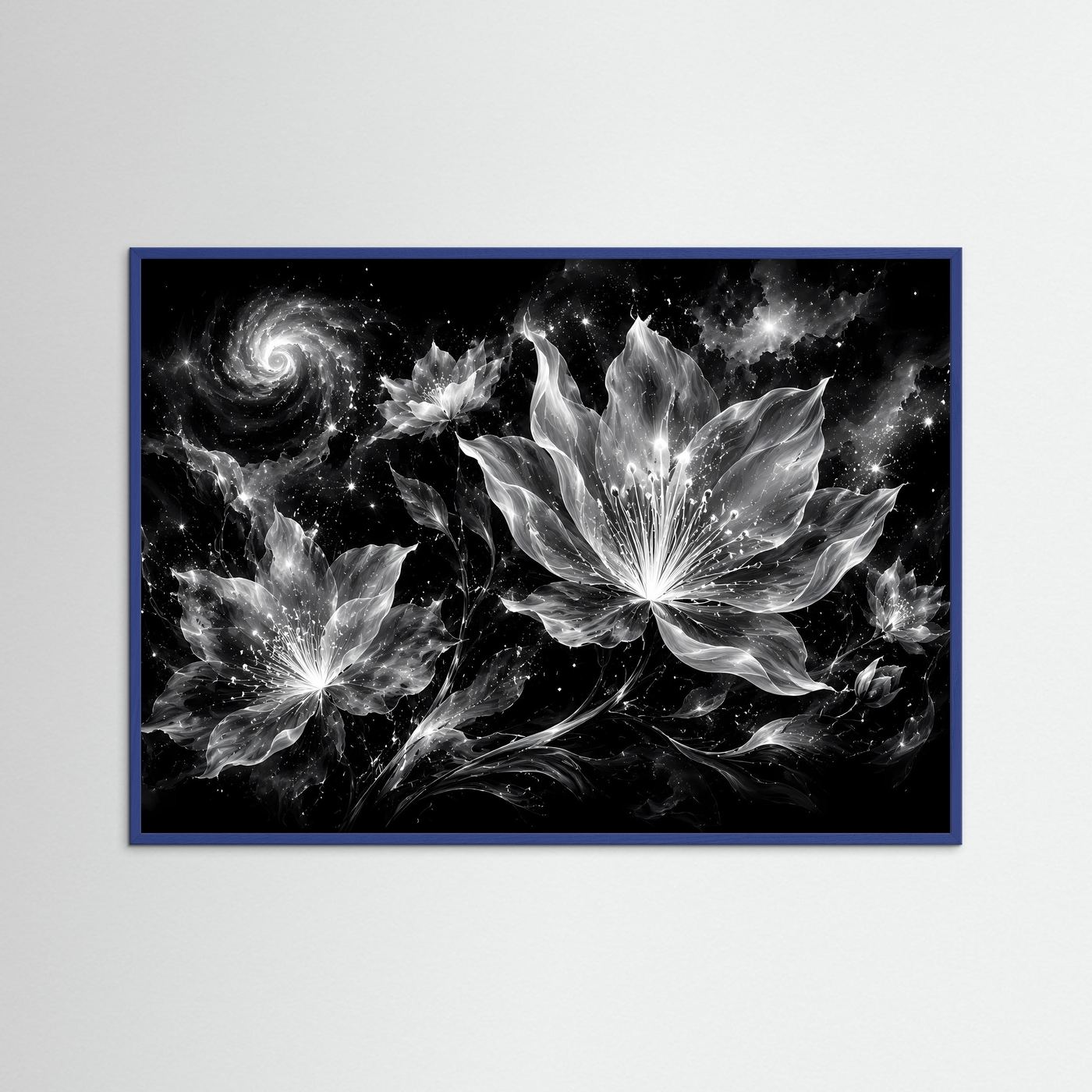 Schwarz Weiß Blumen Poster | Kosmische Blüten Wandkunst | Abstrakte Florale Kunst | Moderne Monochrome Leinwand | Galaxy Design
