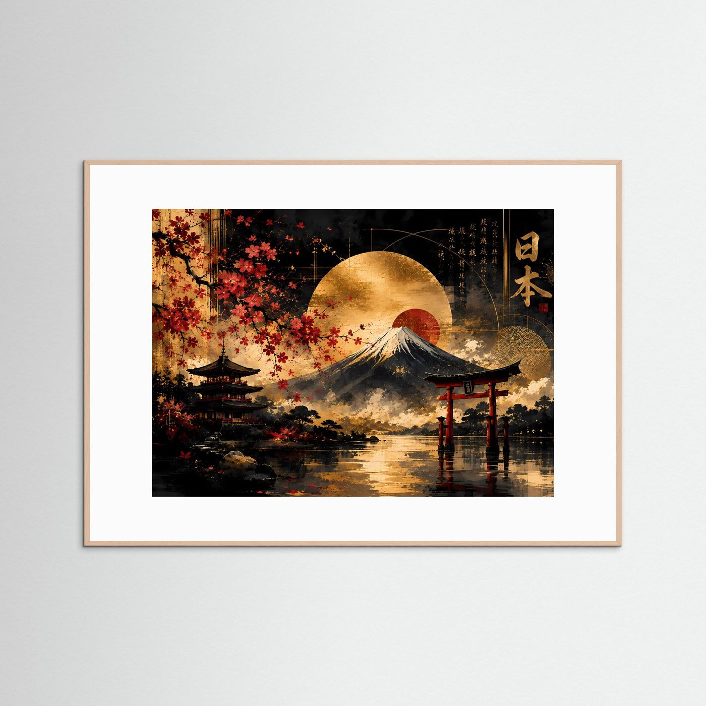 Japanische Landschaft mit Fuji, Kirschblüten und Torii | Goldene Sonne über Pagode und Wasser | Asiatische Wandkunst in Schwarz, Gold und Rot im Querformat