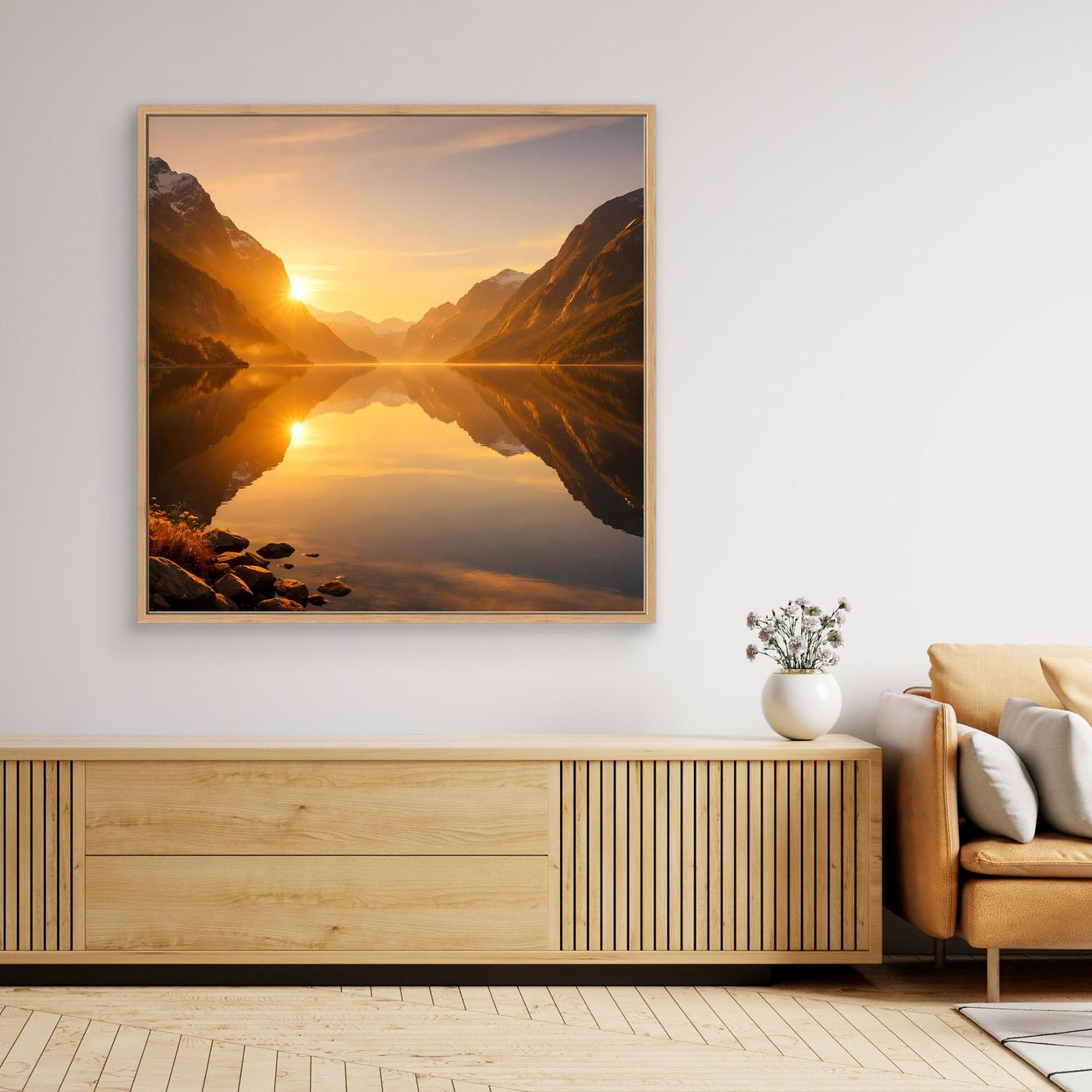 Leinwandbild Goldener Fjord mit Sonnenaufgang über spiegelndem See und Bergen im Eichenrahmen