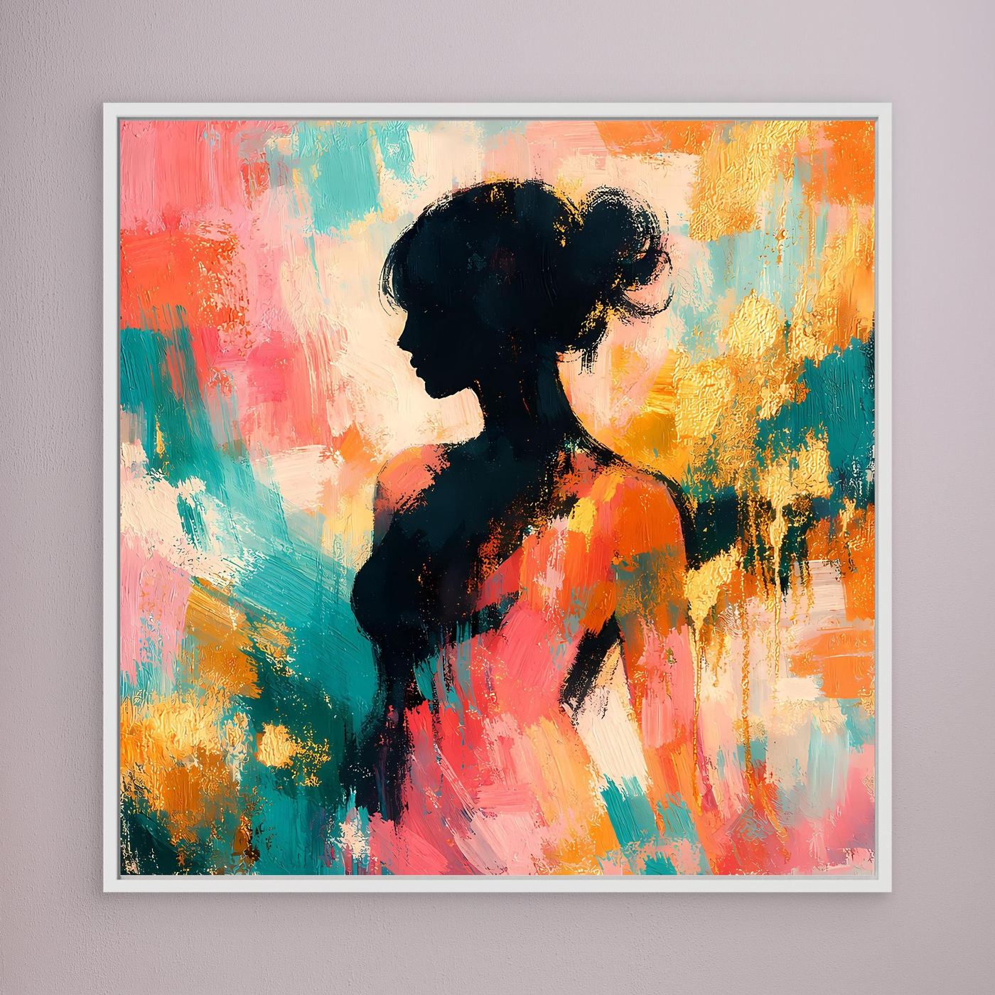 Leinwandbild mit abstrakter Frauen-Silhouette, Pastellfarben, weißer Rahmen