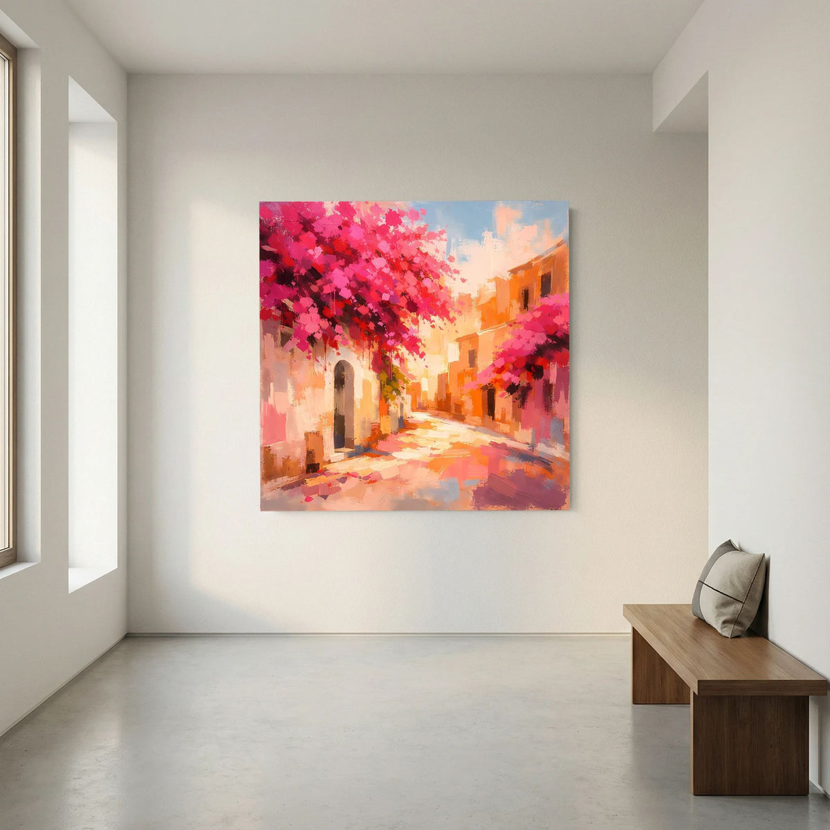 Leinwandbild abstrakte Gasse mit rosa Baumkronen, Häusern in Orange und wolkigem Himmel
