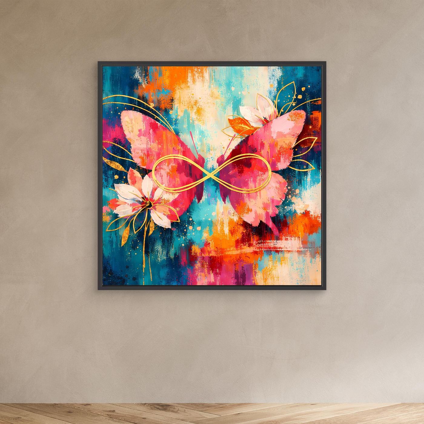Wandbild mit dunklem Rahmen: abstrakte Schmetterlinge und Blüten, Unendlichkeitslinie in Rosa