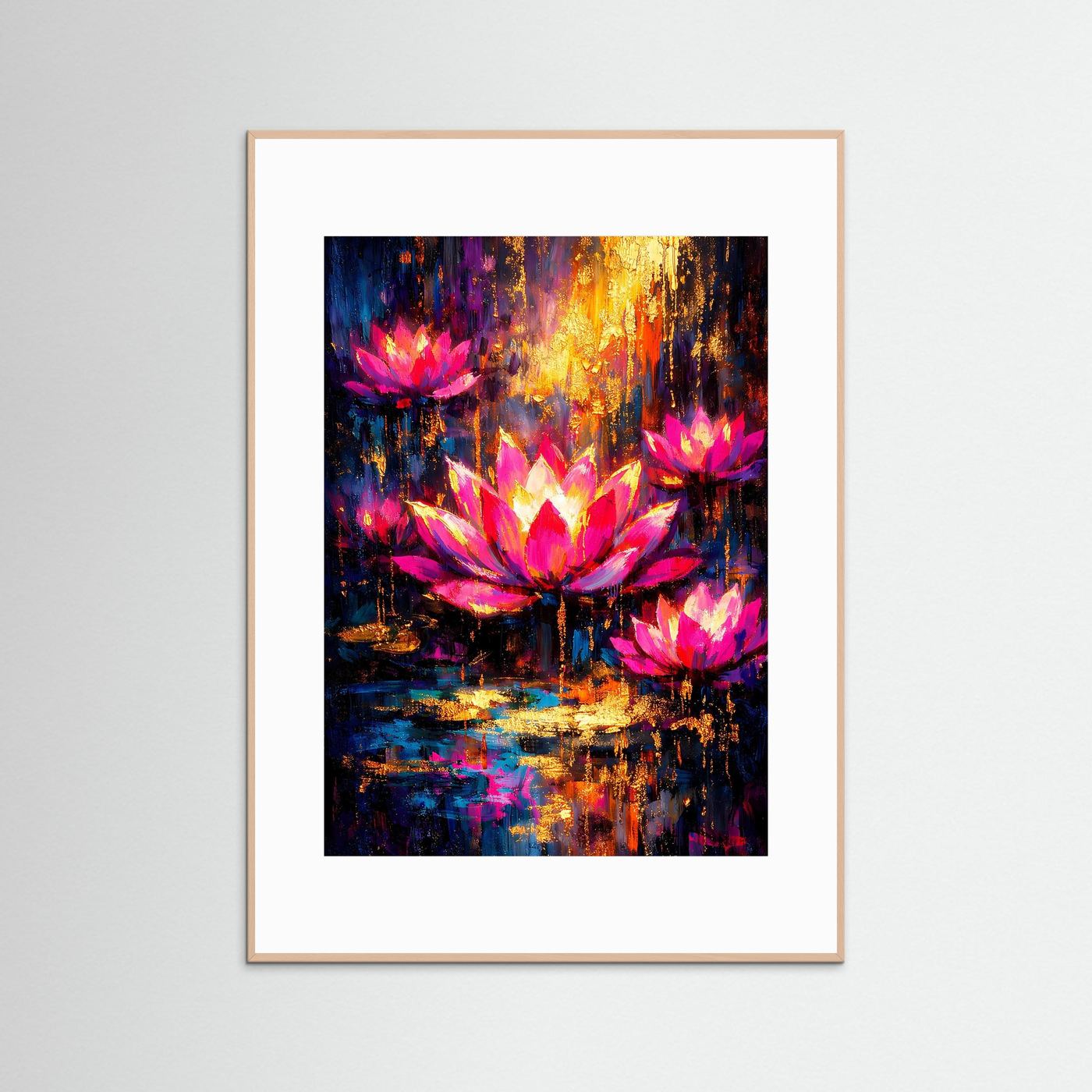 Abstraktes Lotusblüten-Poster, Hochformat: pinke Blüten, beiger Rahmen