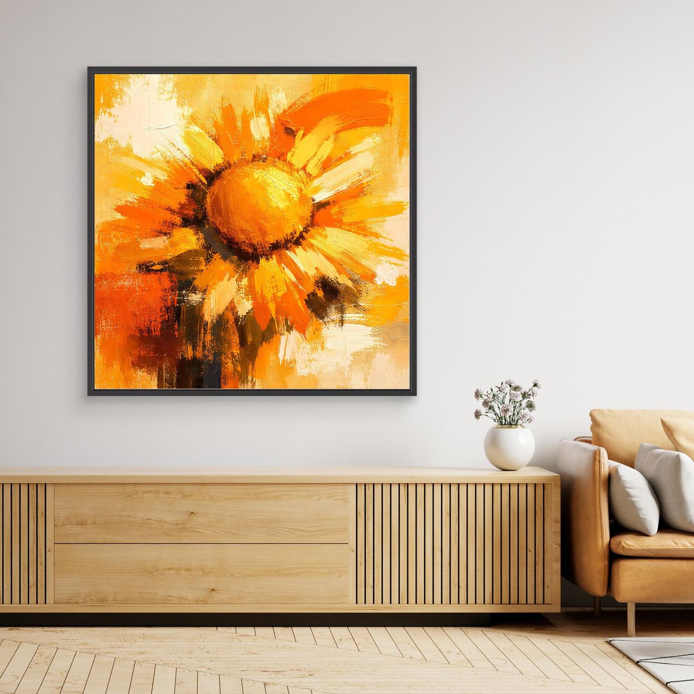 Leinwand Abstraktes Sonnenblumen Gemälde | Modernes Florales Wandbild Gelb Orange