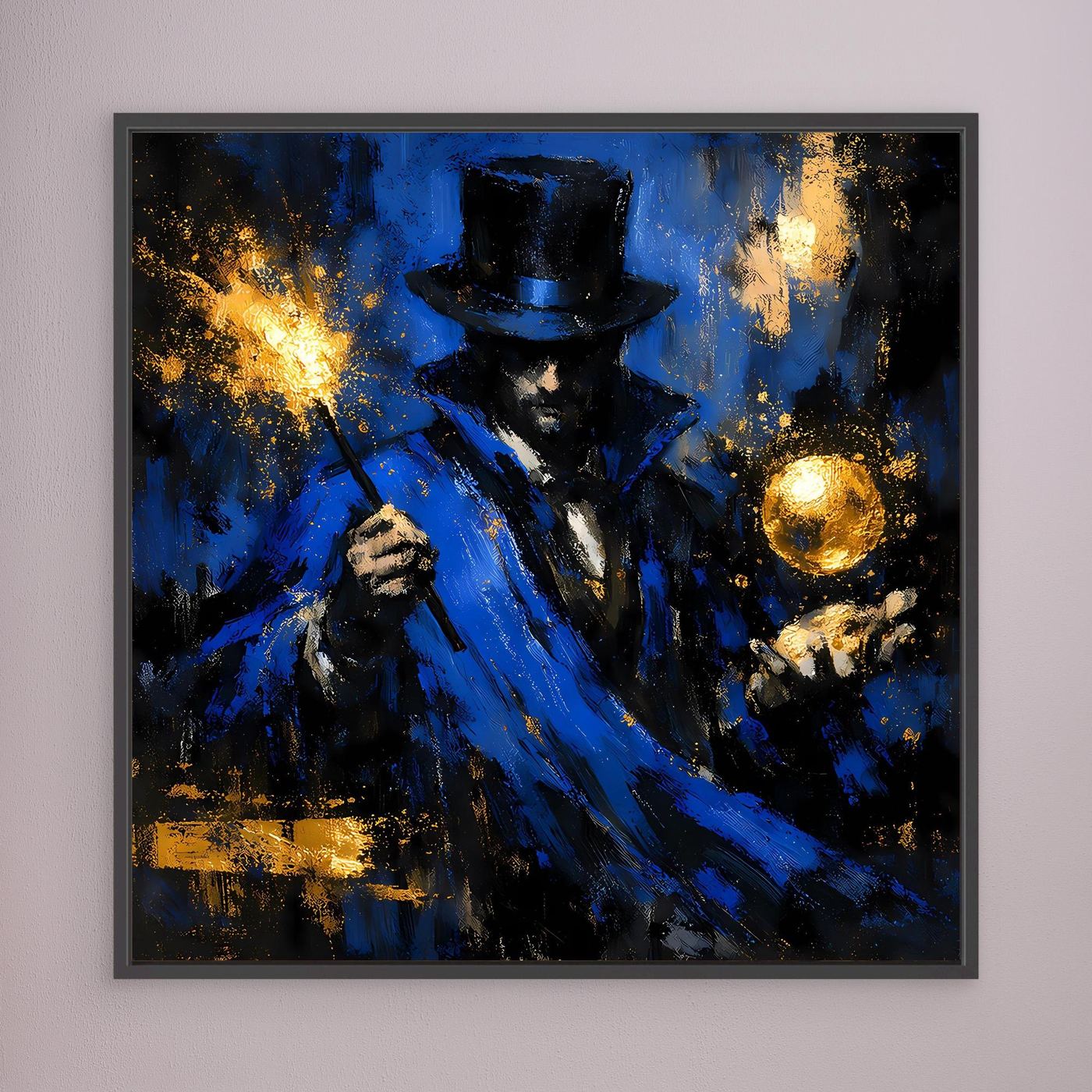 Leinwand Mystischer Magier in Blau und Gold | Abstraktes Fantasy Wandbild Moderne Kunst