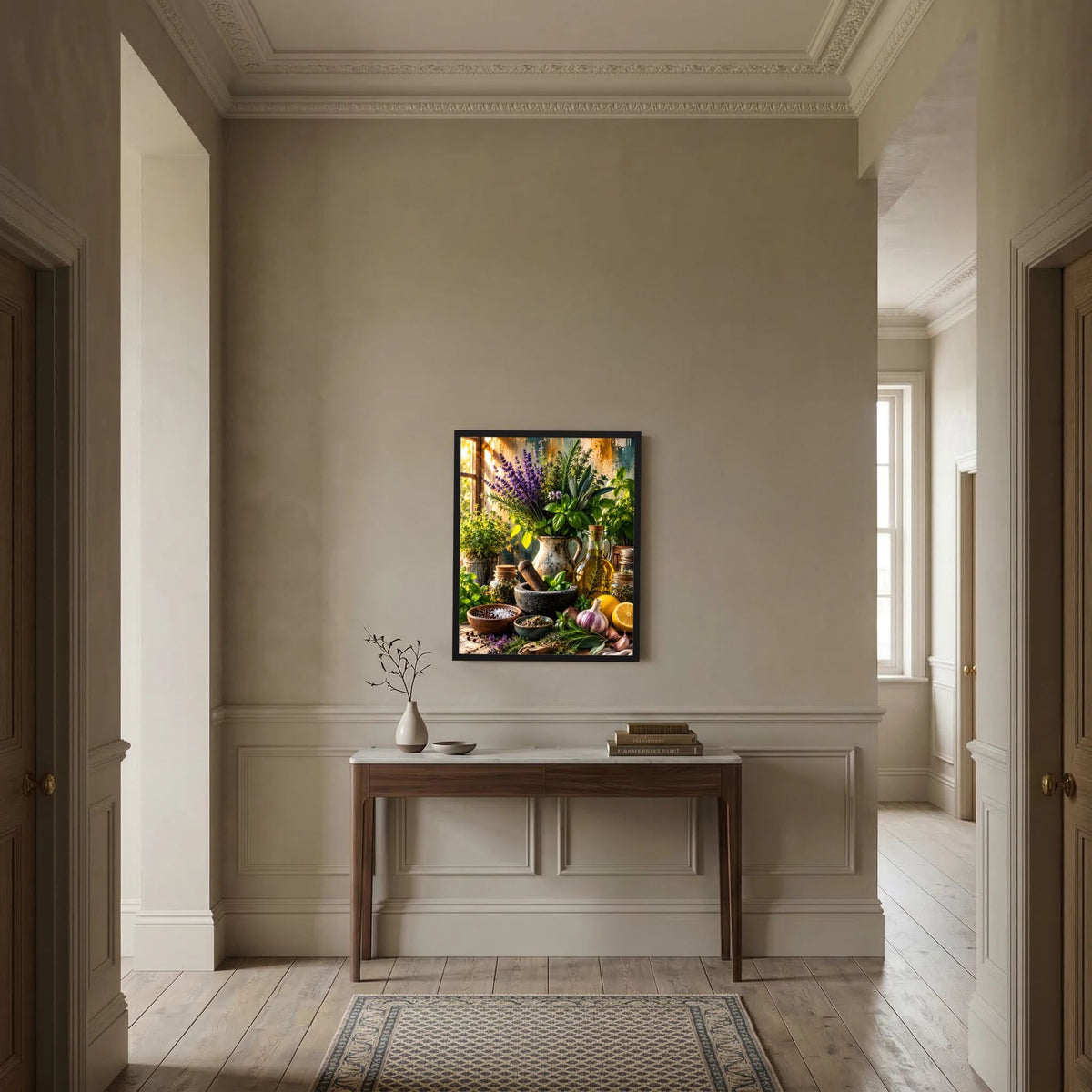 Gerahmtes Kräuterposter mit Lavendel und Kräutern in Töpfen, detailreich