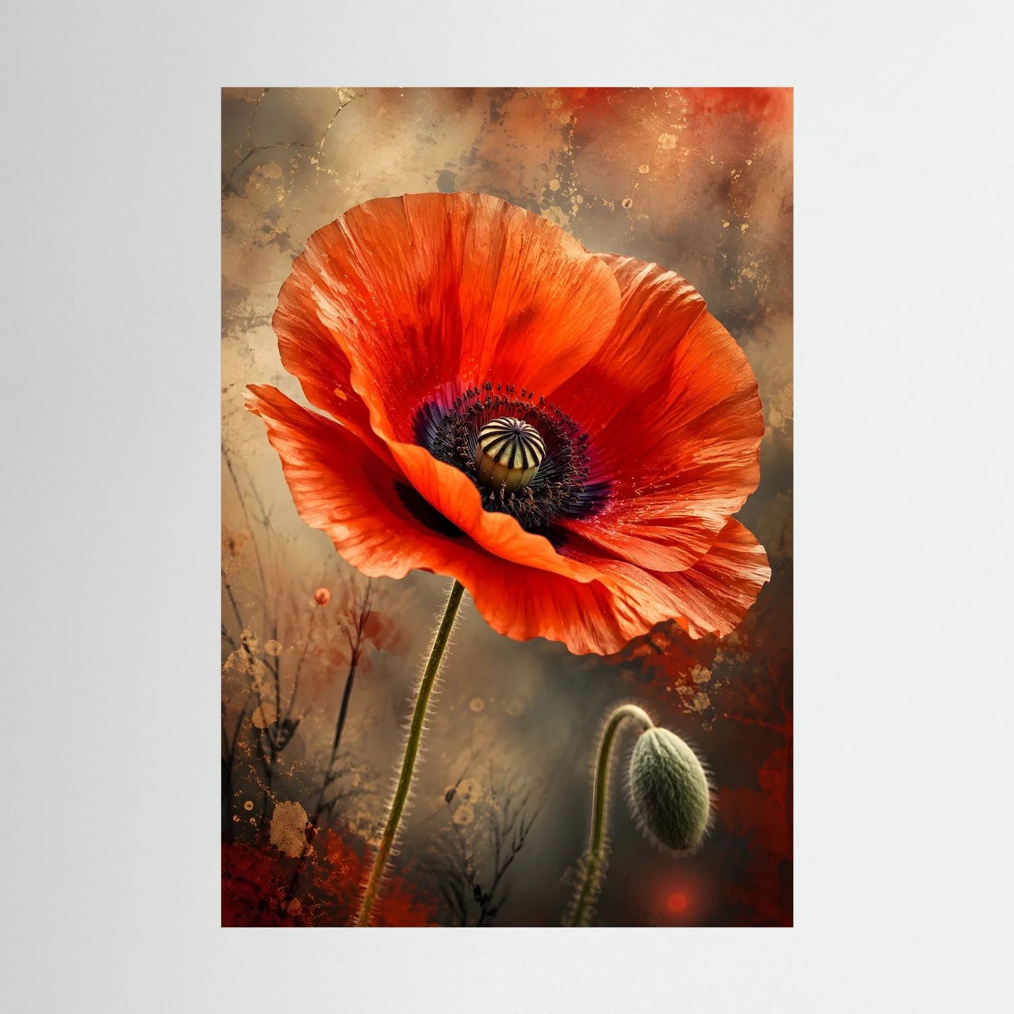 Poster (Hochformat) mit roter Mohnblüte in Nahaufnahme, ohne Rahmen