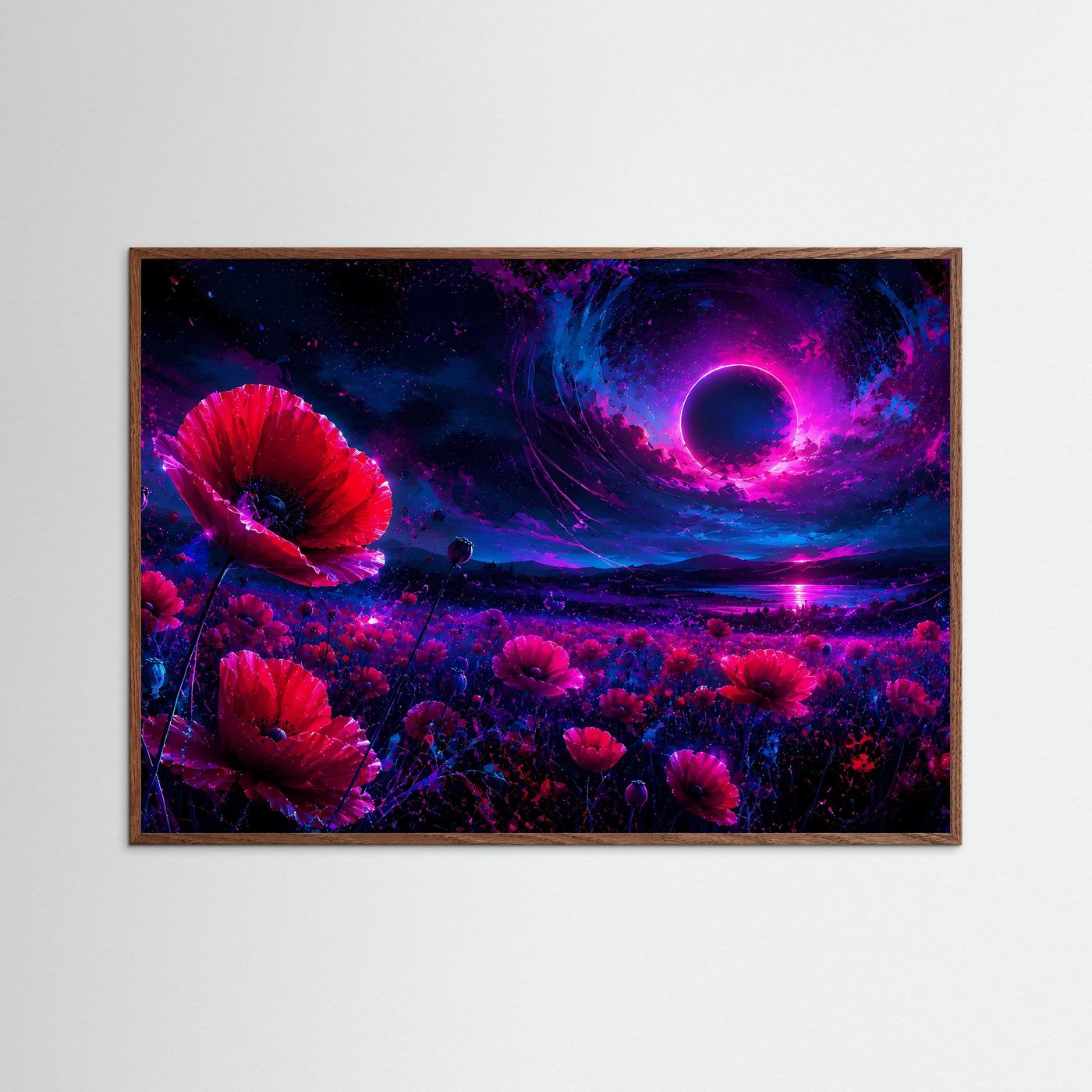 Mohnblumen Poster Querformat | Neon Fantasy Landschaft mit Mond | Abstrakte Moderne Wandkunst