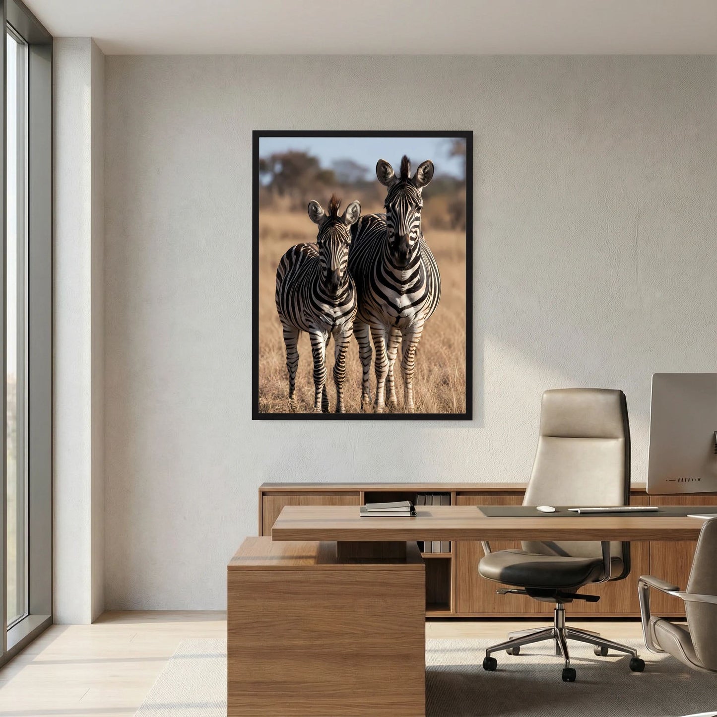Poster im Hochformat zeigt Zebramutter mit Jungtier, Motiv in der Savanne