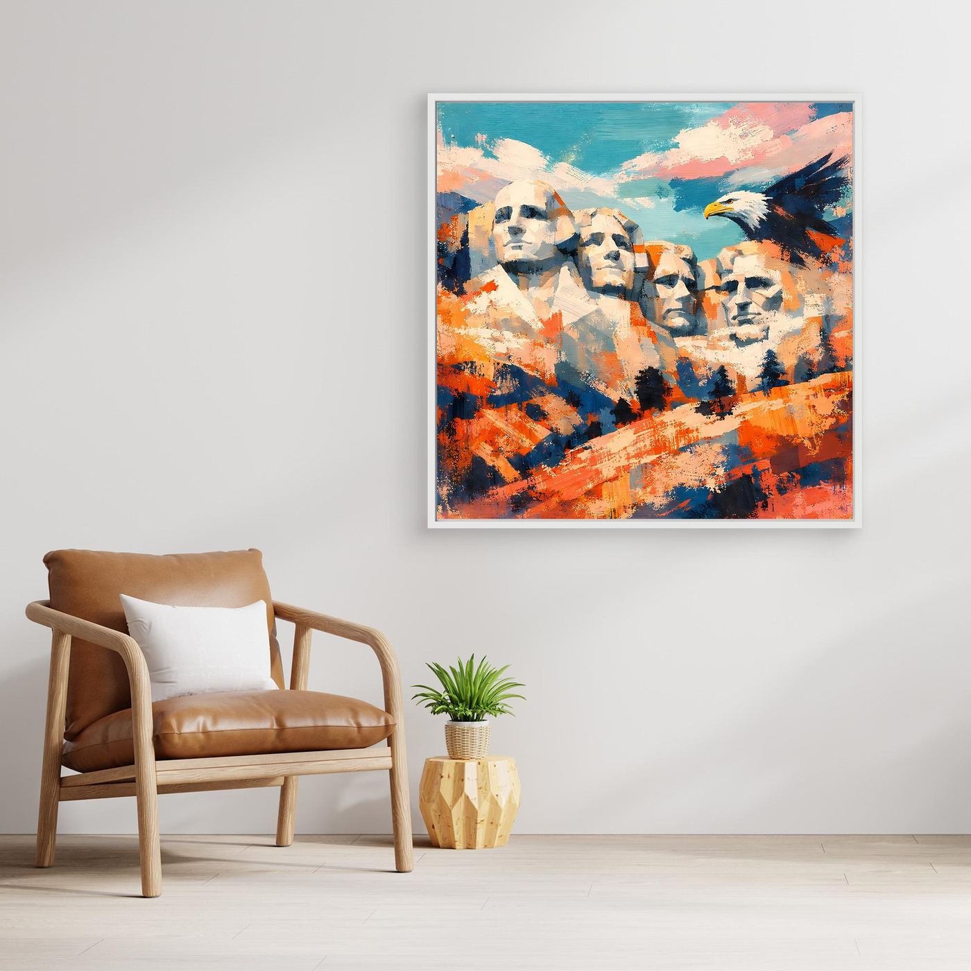 Abstraktes Leinwand-Wandbild mit Adler über Gesichtern, quadratisch, mit Holzrahmen
