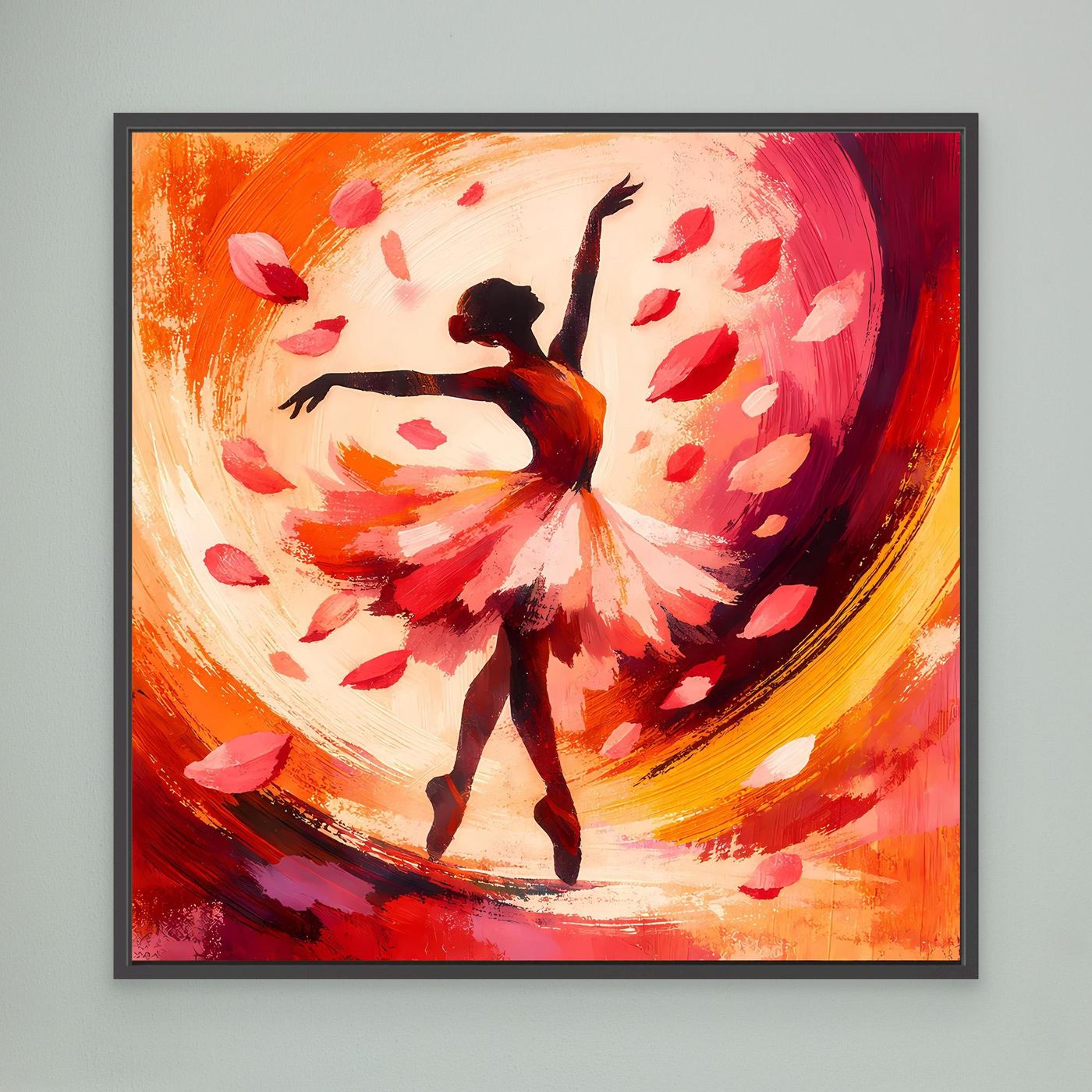 Gerahmtes Leinwandbild mit Ballerina-Silhouette im roten Blütenregen, abstrakte Blüten