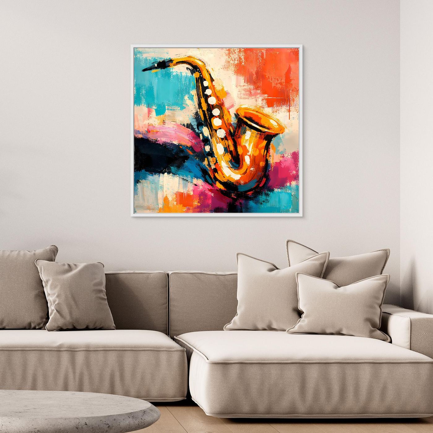 Framed canvas wall art of a colorful abstract saxophone in jazz style