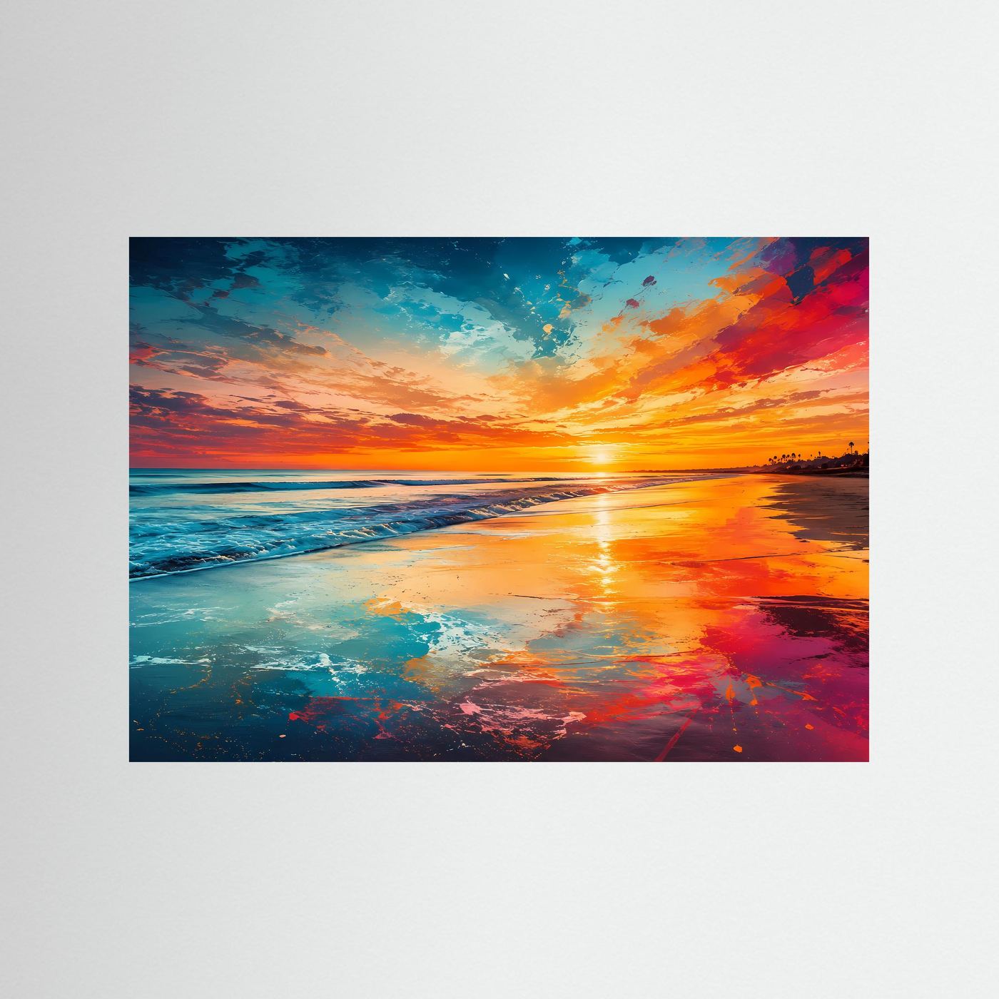 Sonnenuntergang am Strand Poster | Farbenfrohes Meerespanorama Wandbild | Moderne Küstenlandschaft mit leuchtendem Himmel