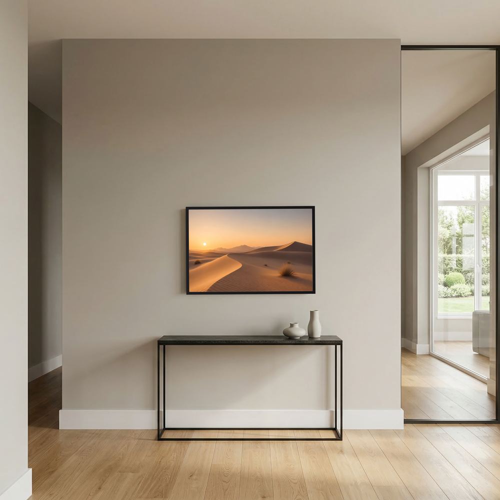 Wandbild mit Wüstenlandschaft: Dünen bei Sonnenuntergang, Querformat, schwarzer Rahmen
