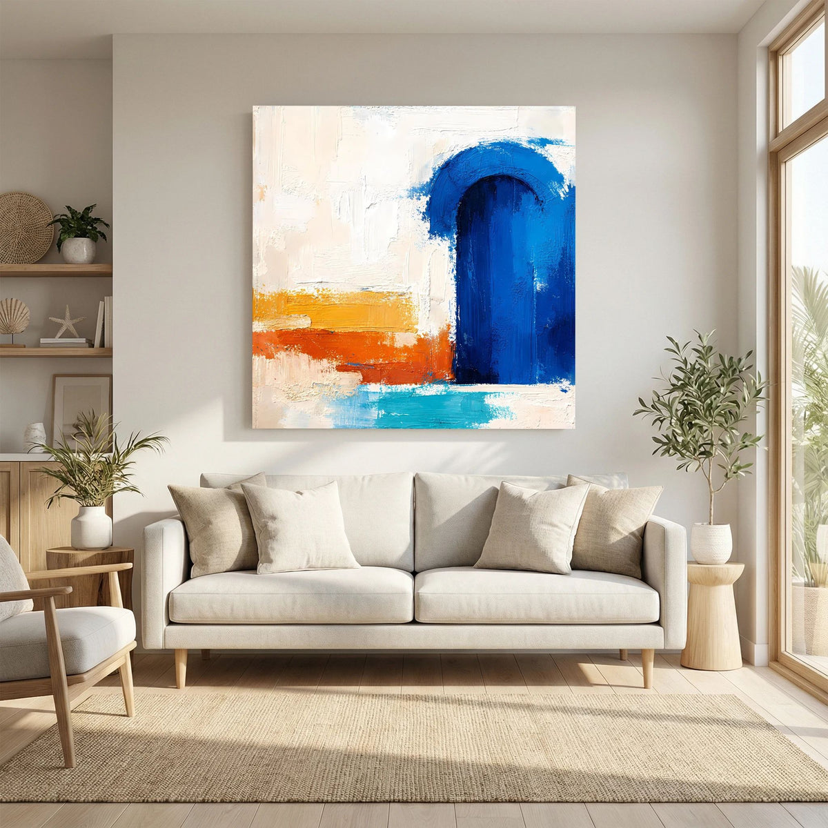 Abstraktes Leinwandbild: blaues Rundbogen-Element mit orangefarbener Linie und blauem Streifen