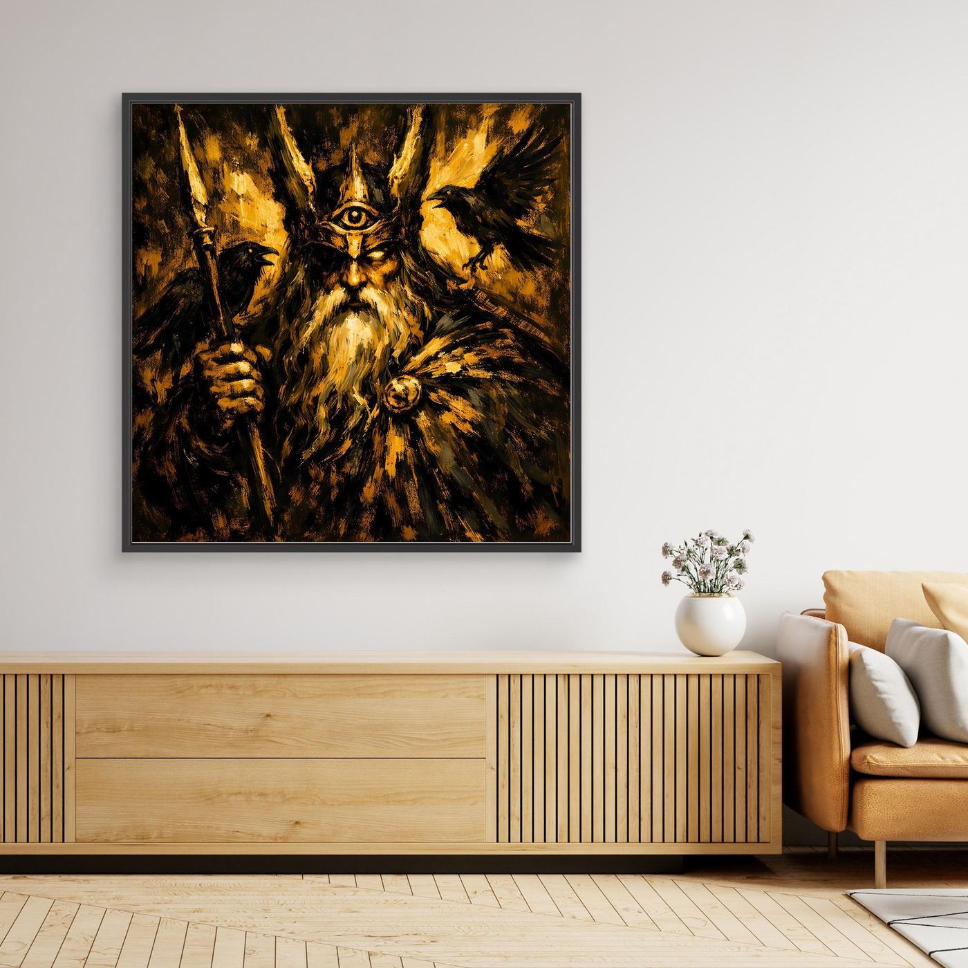 Leinwand Mythischer Allvater Odin in Goldoptik | Abstraktes Wikinger Götter Wandbild