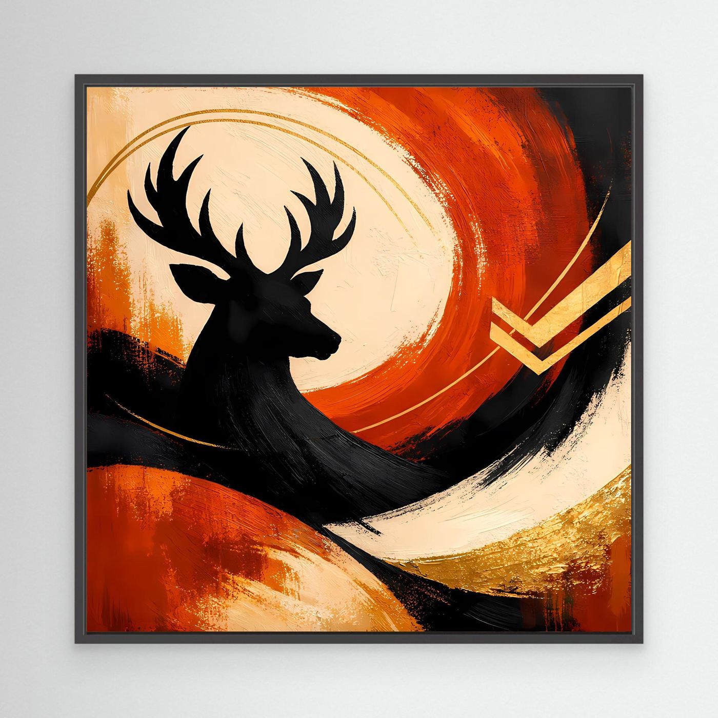 Leinwandbild mit Hirschmotiv in Schwarz, Orange- und Goldtönen, im schwarzen Rahmen