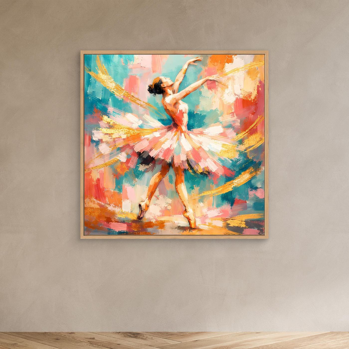 Leinwandbild mit abstrakter Ballerina im hellen Holzrahmen, farbenfrohe Sprenkel