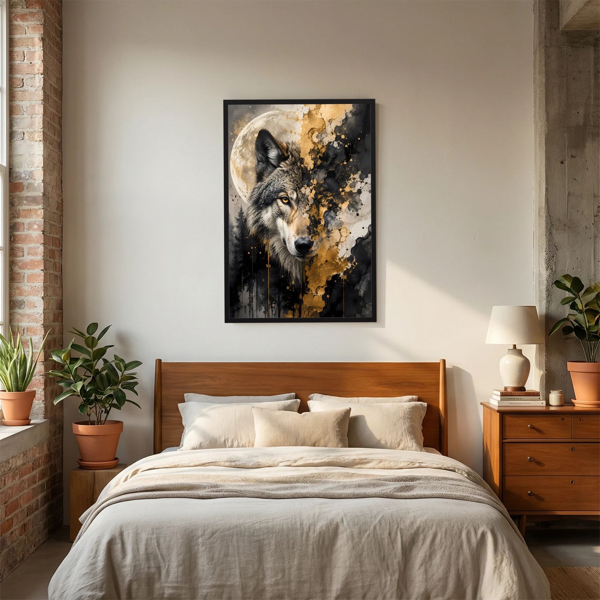 Poster im Hochformat mit Wolfskopf, Mond und schwarz-goldenem Spritzdesign im schwarzen Rahmen.