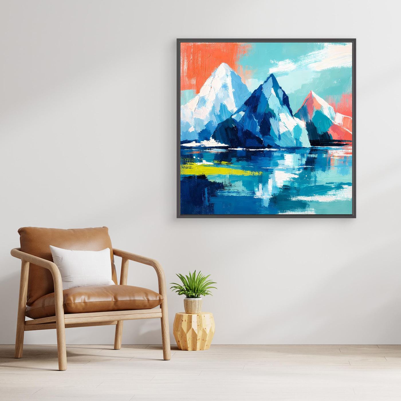 Abstract mountain and sea wall art with blue icebergs and teal sky, in a dark frame