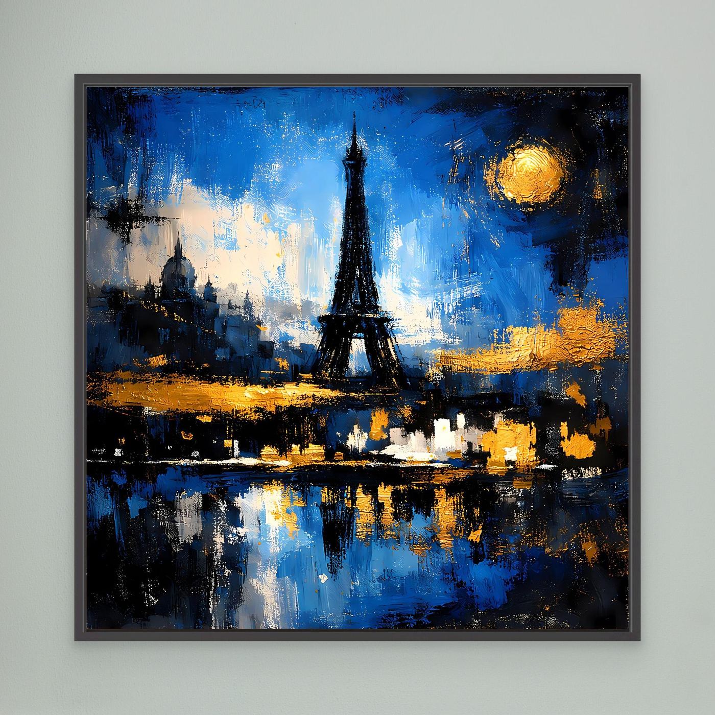 Leinwand-Wandbild mit Eiffelturm-Silhouette, blauem Nachthimmel, rundem Mond und Wasserreflexen