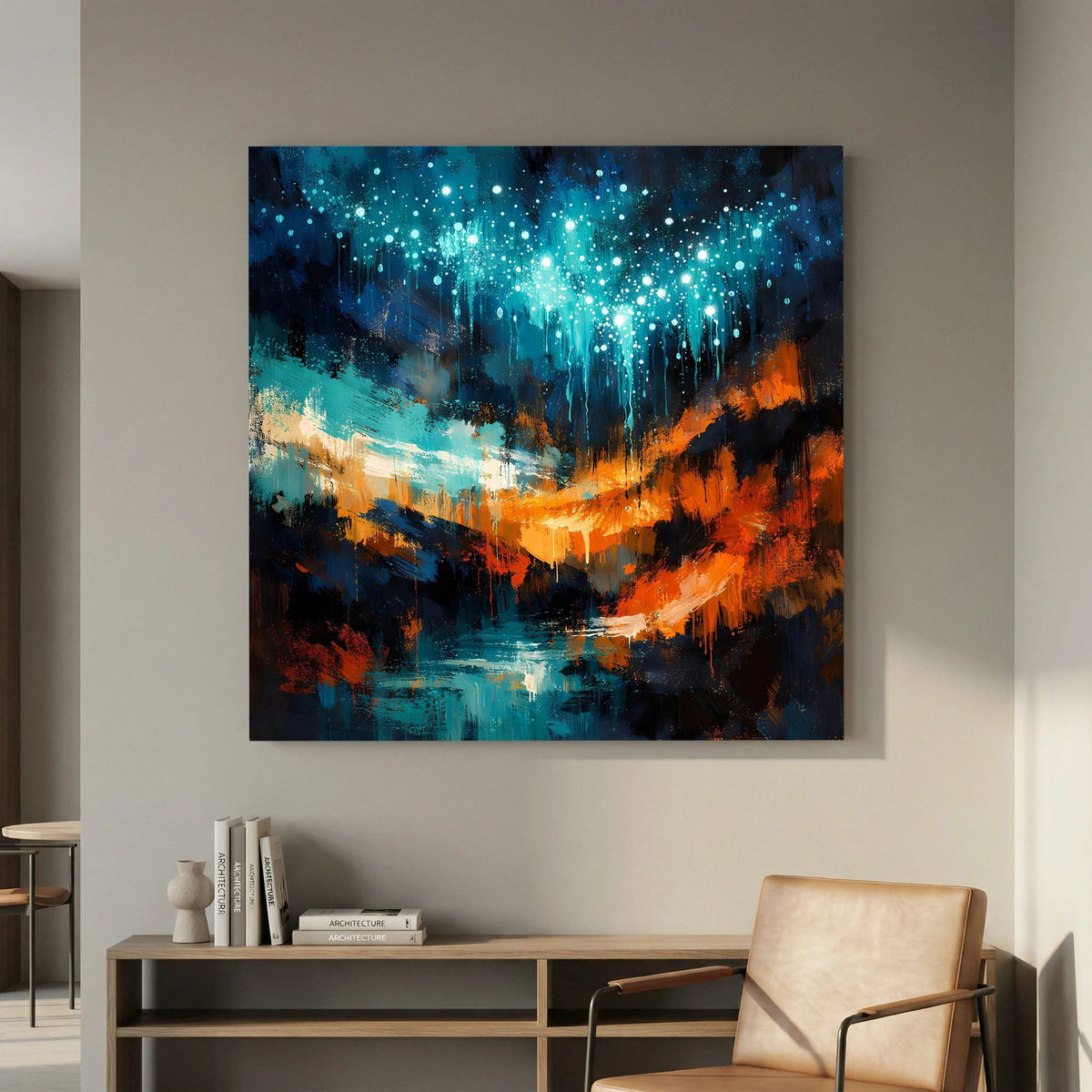 Abstraktes Wandbild mit glitzerndem Himmel, orangefarbener Schlucht und spiegelndem Wasser