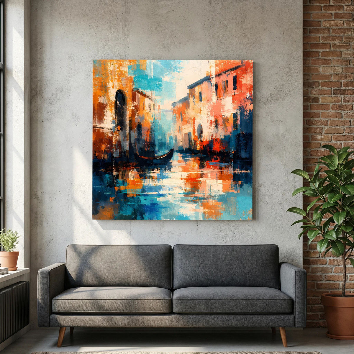 Abstraktes Leinwand-Wandbild mit Gondel, orange-blaue Farbflächen und dunkle Silhouetten.
