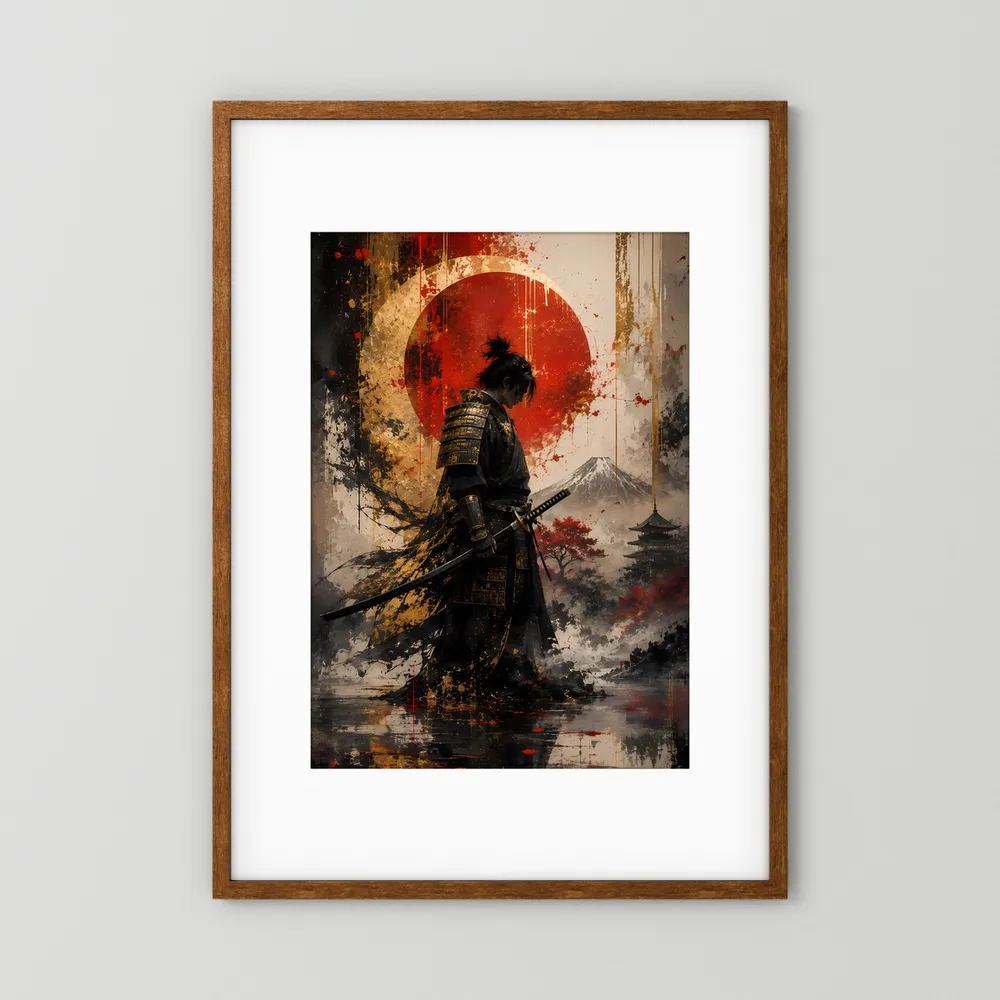 Samurai-Kunstposter mit Katana vor roter Sonne, im braunen Holzrahmen
