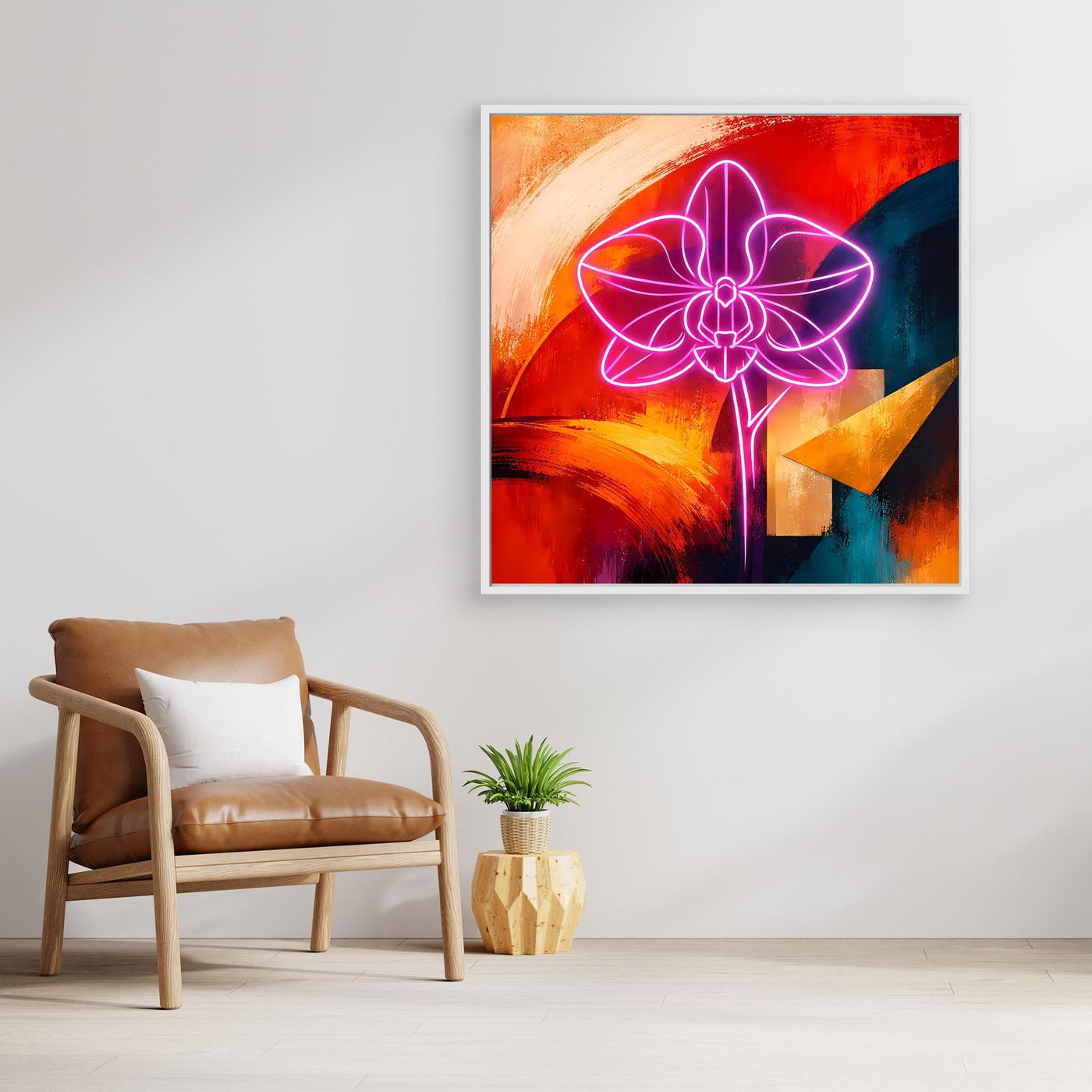 Gerahmtes abstraktes Leinwandbild mit Orchideenblüte in Neonpink und bunten Pinselstrichen
