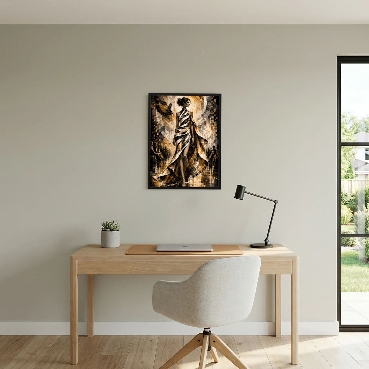 Wandkunst als Poster: Frau in goldschwarzer Farbwirkung mit weißen Bereichen, schwarz gerahmt.