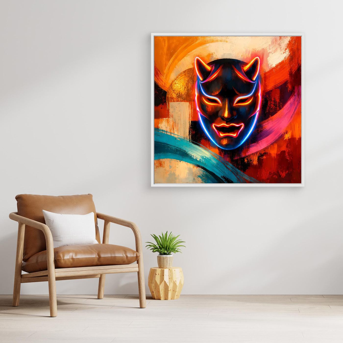 Gerahmtes Leinwandbild mit Oni-Maske im Cyberpunk-Stil, blau-rote Neonfarben und violette Highlights