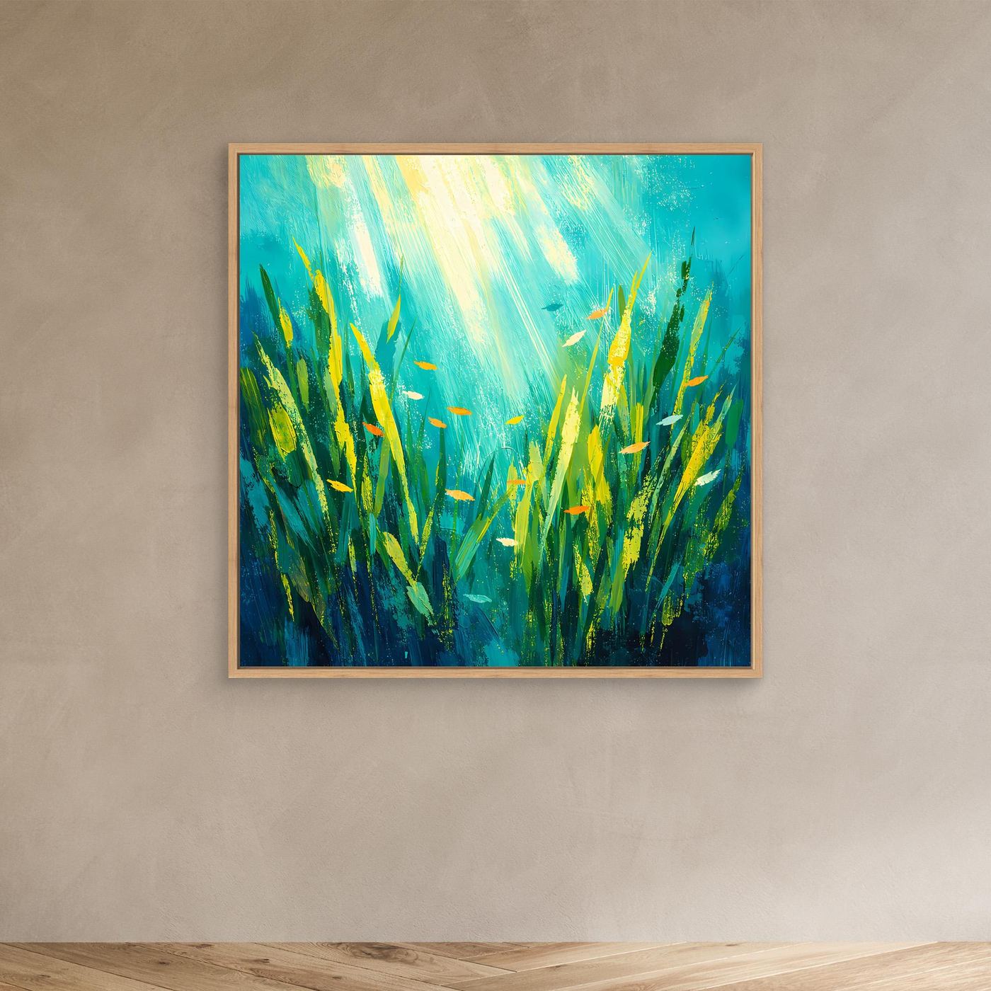 Leinwand Lichtdurchfluteter Algenwald unter Wasser | Abstraktes Ozean Wandbild