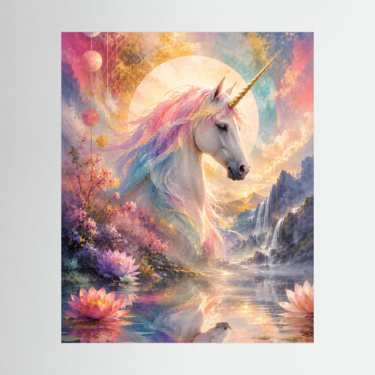 Einhorn-Kunstposter mit weißem Einhorn und pastellfarbenen Blüten im Lotusreich