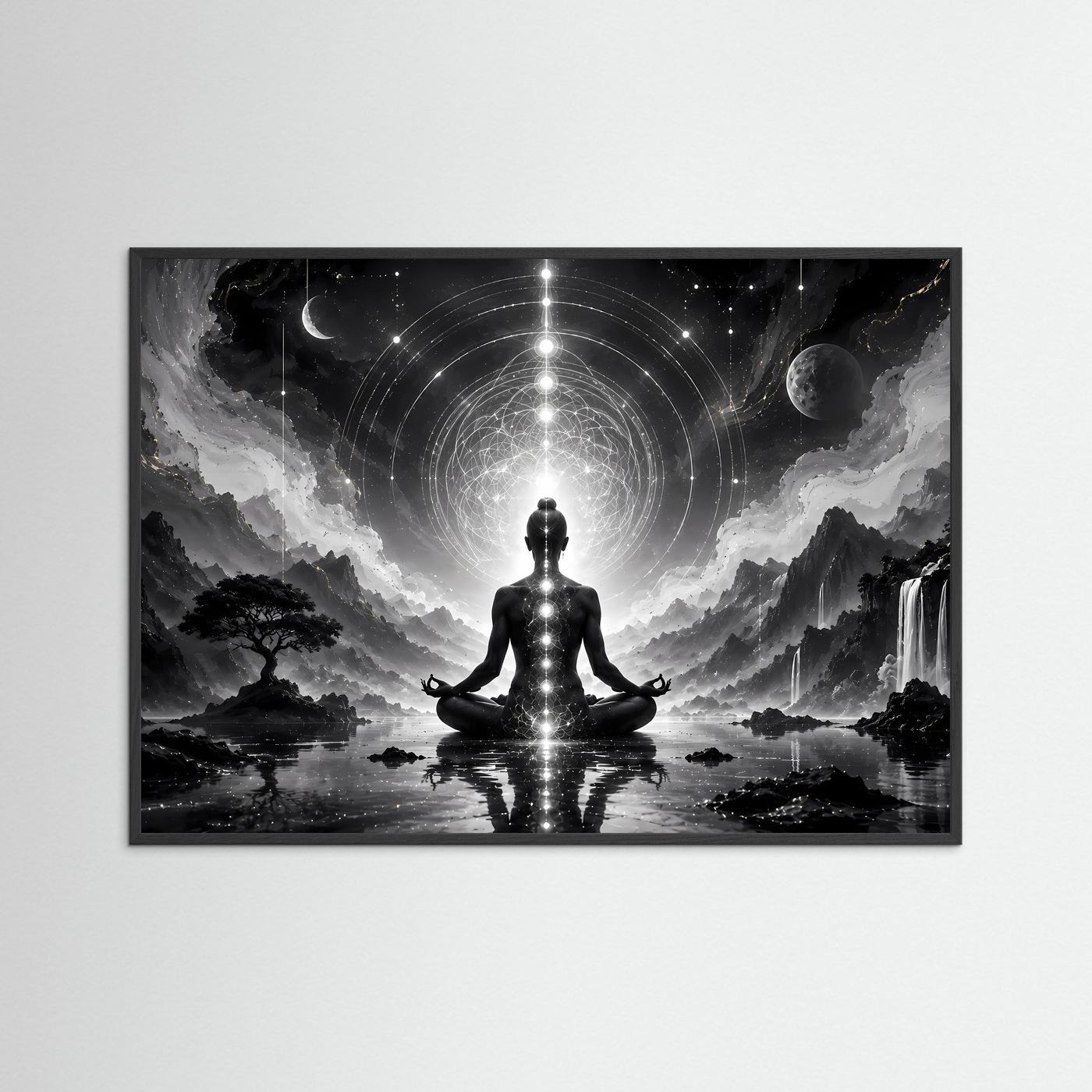 Meditation Schwarz Weiß | Spirituelles Wandbild mit Chakren & Heiliger Geometrie