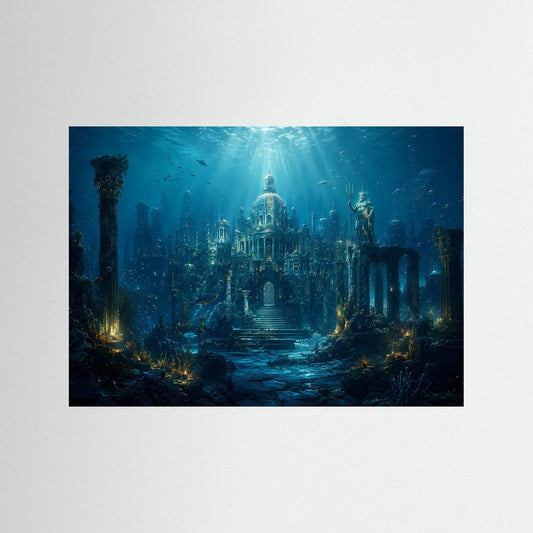 Poster im Querformat: versunkene Unterwasserstadt mit Tempeln und Lichtstrahlen