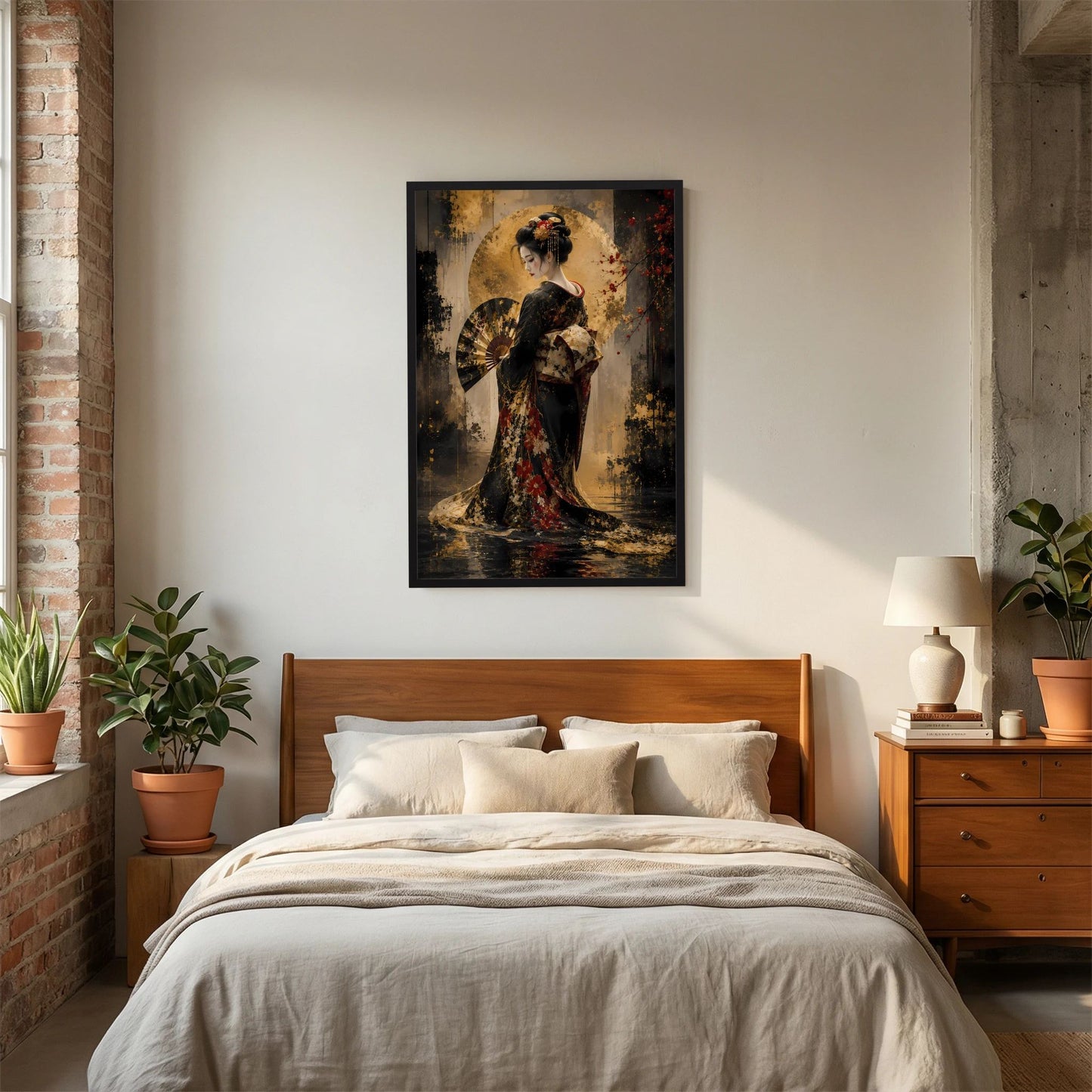 Hochformat-Poster mit Geisha im schwarzen und goldenen Kimono, im schwarzen Rahmen