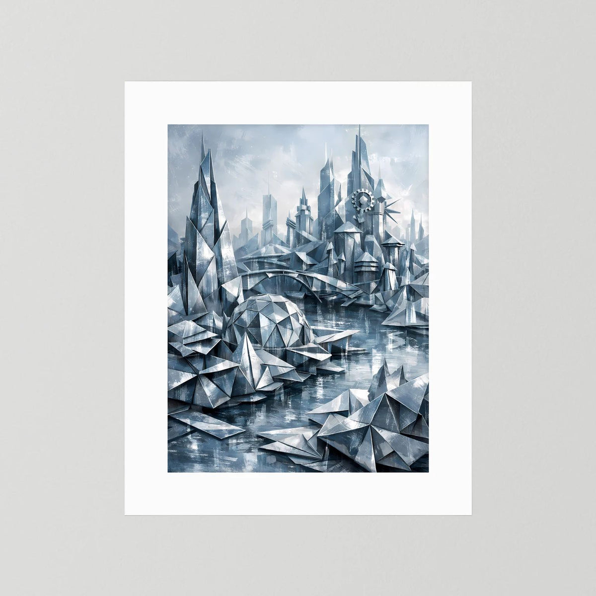 Futuristisches Stadtposter als Print mit weißem Passepartout, silbern-blau.