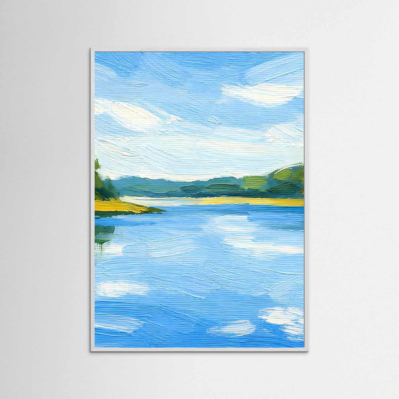 Poster mit blauer Flusslandschaft im Sommer, silberner Rahmen