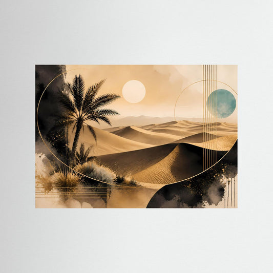 Poster mit goldenen Sanddünen, Palme und abstrakter Sonne sowie Linien, Querformat