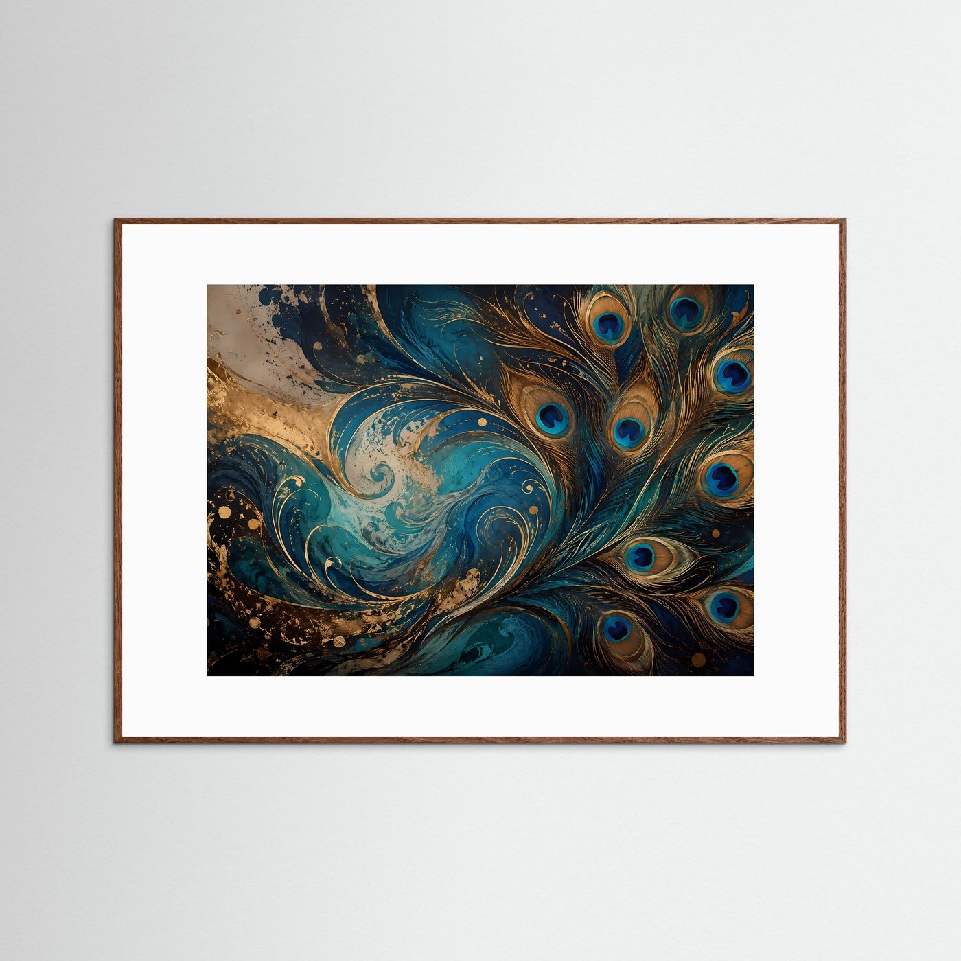 Pfauenfedern Poster | Abstrakte Pfauenkunst Wandbild | Blau Gold Modern | Elegante Federkunst | Luxuriöser Kunstdruck