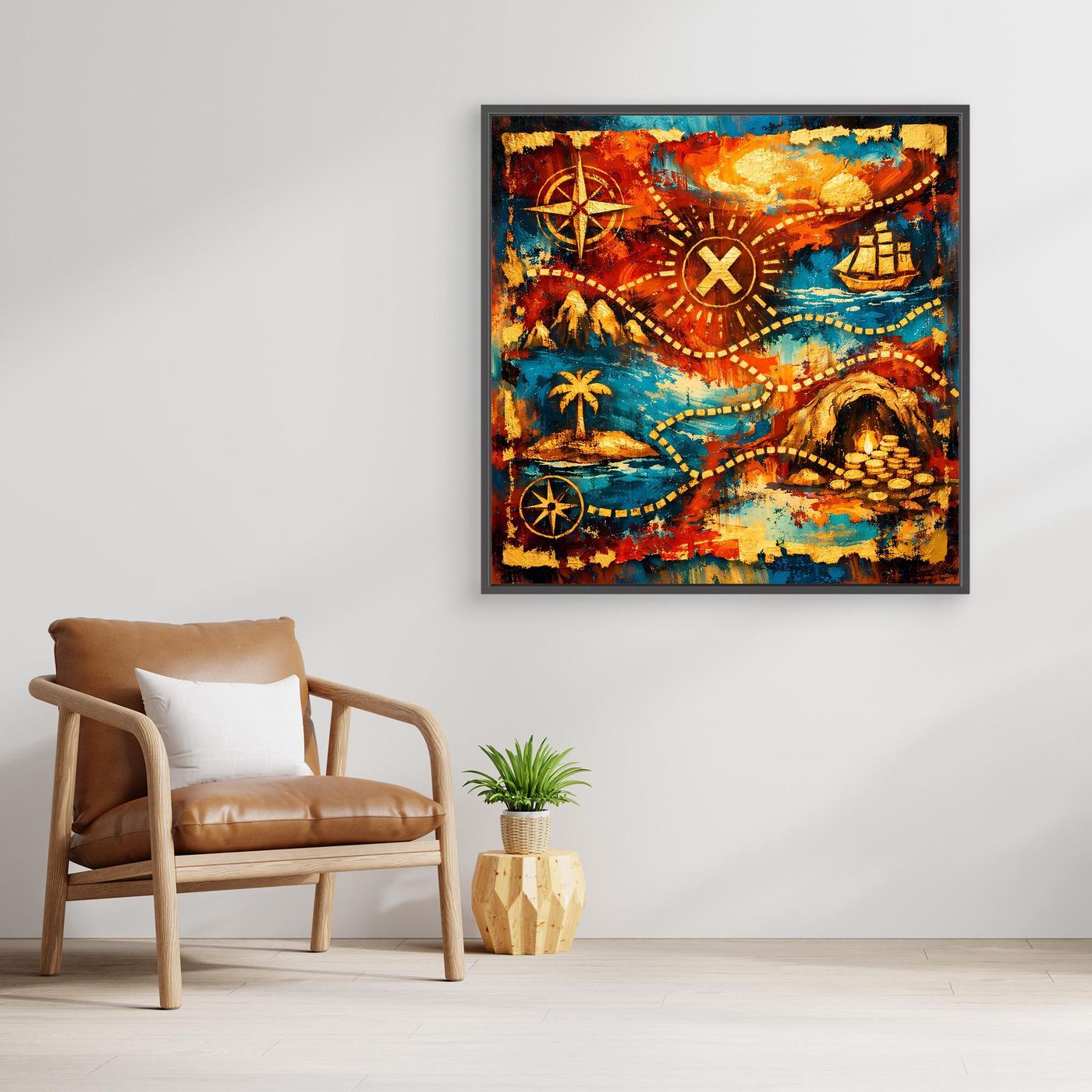 Leinwandbild Schatzkarte abstrakt, türkis, orange und gelbe Akzente, goldbrauner Rahmen