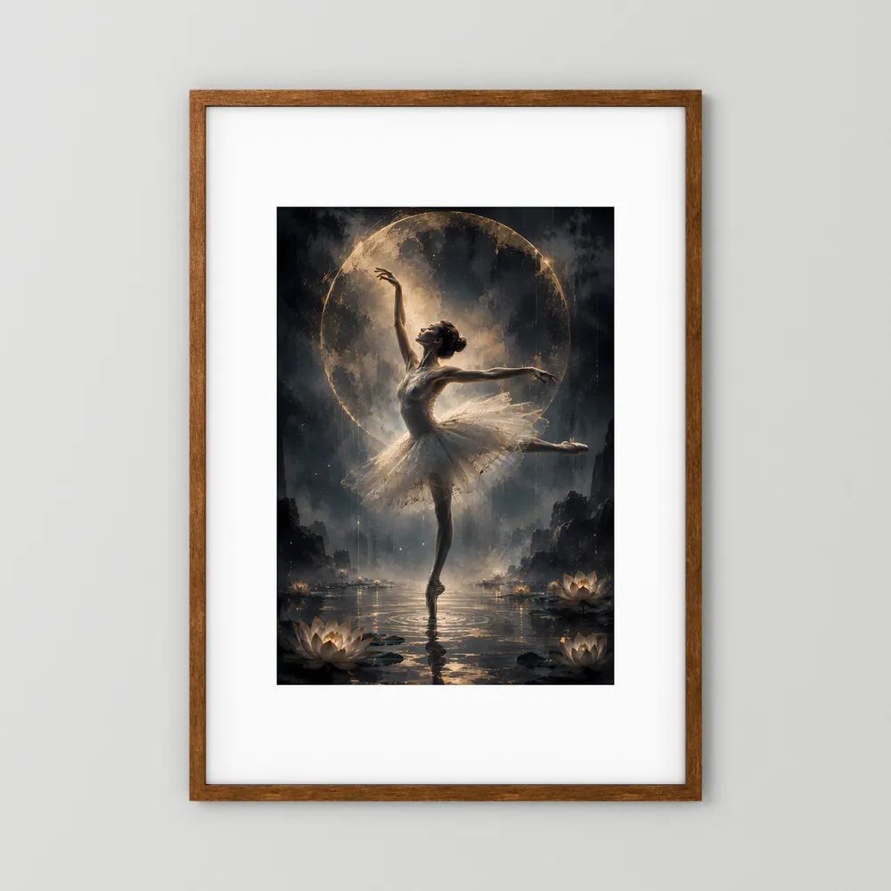 Hochformat-Poster mit Ballerina-Silhouette im goldenen Mondlicht, Holzrahmen